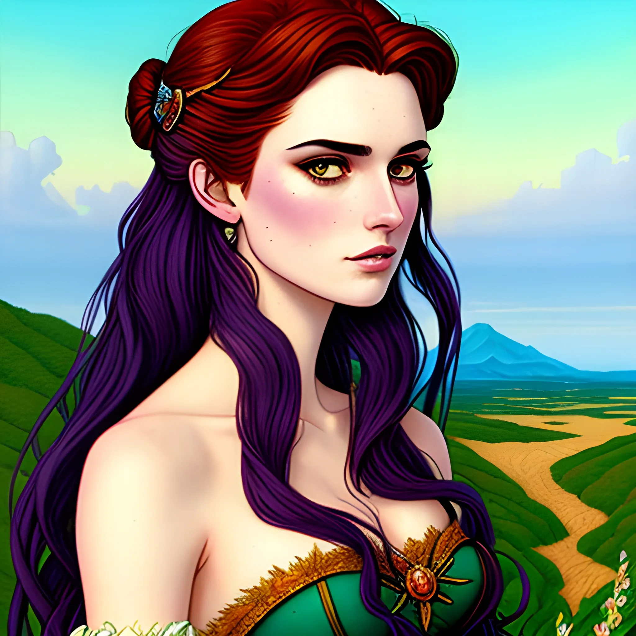 a girl  sweet young princess, fae, looks like mix of Lana Del Rey and grimes, cool hair, in the style of Jean Giraud illustration, and shoujo manga, inspired by pre raphaelite painting, chromatic
