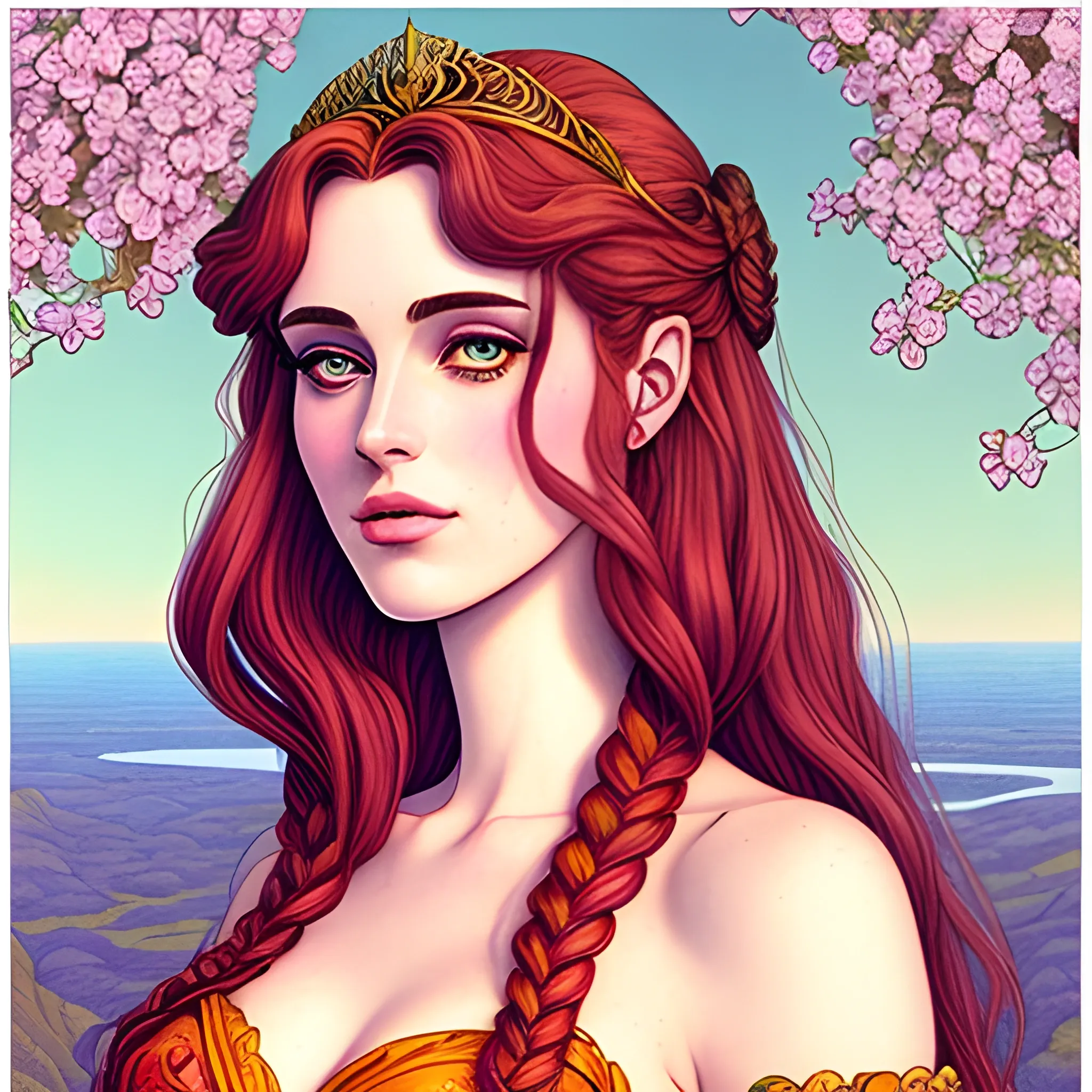a girl  sweet young princess, fae, looks like mix of Lana Del Rey and grimes, cool hair, in the style of Jean Giraud illustration, and shoujo manga, inspired by pre raphaelite painting, chromatic
