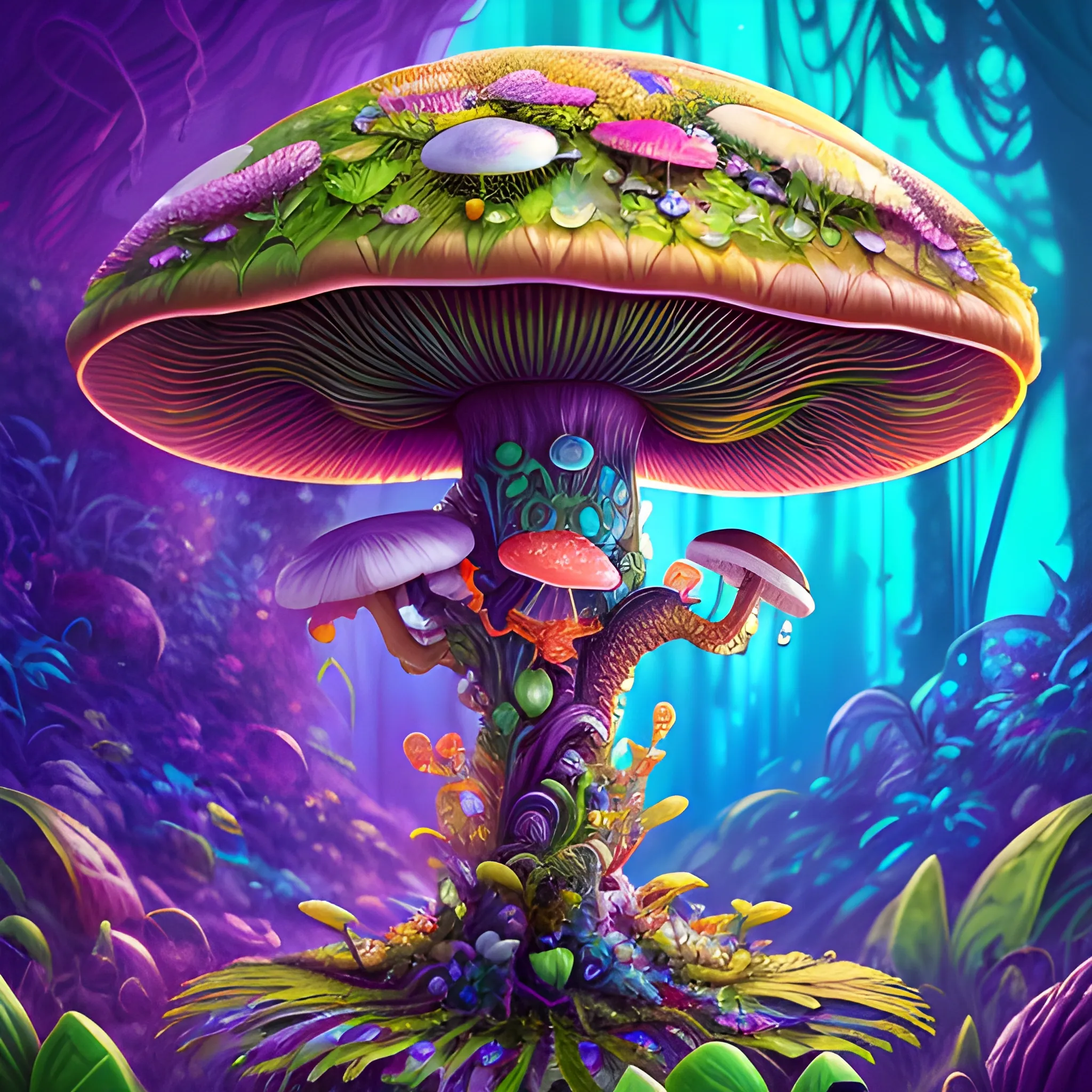 Botanic Beauty !detailed splash painting portrait, anthropomorphic symbiote robot -mushroom creature, jungle ambience, colorful painting, alcohol ink technique 4k resolution, hyper detailed, otherworldly .magic, dreamy, orthographic view, digital illustration, intricate detail, sharp focus, complex composition, cinematic lighting
