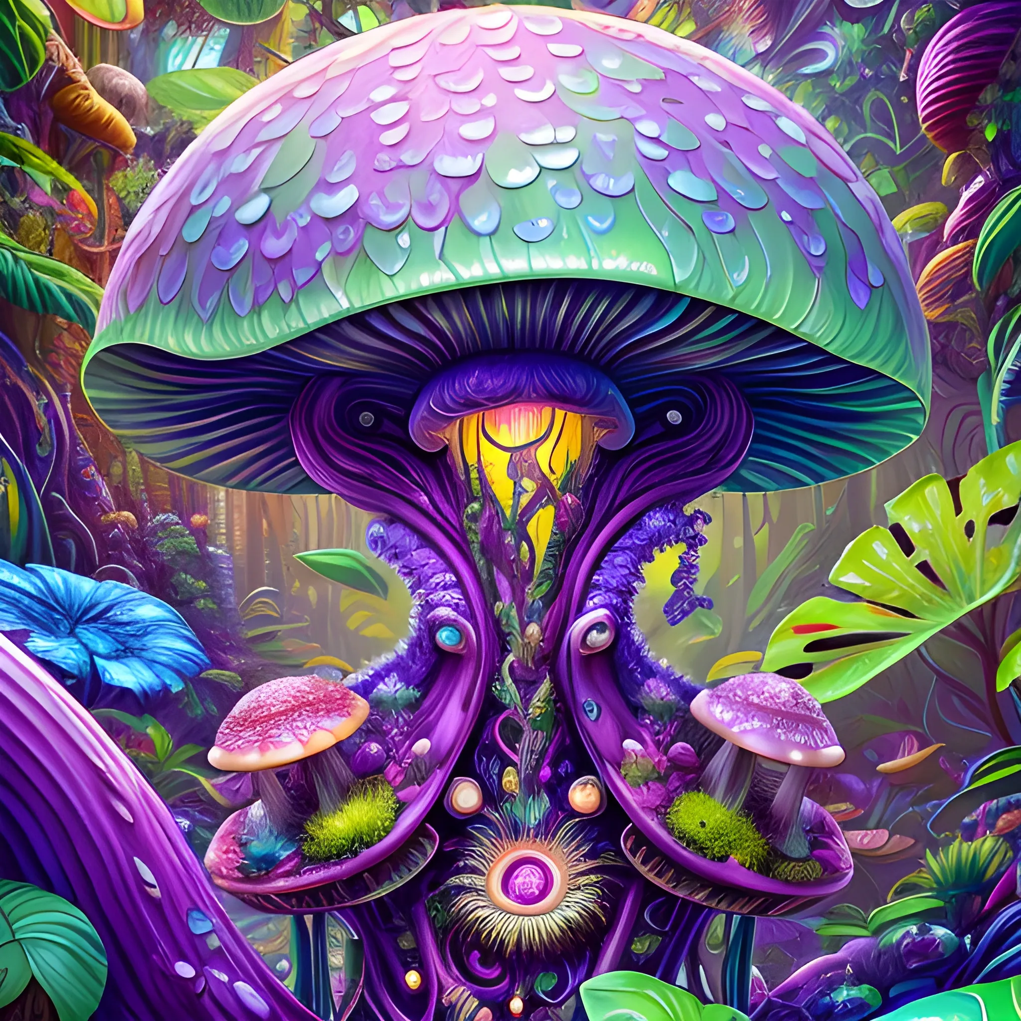 Botanic Beauty !detailed splash painting portrait, anthropomorphic symbiote robot -mushroom creature, jungle ambience, colorful painting, alcohol ink technique 4k resolution, hyper detailed, otherworldly .magic, dreamy, orthographic view, digital illustration, intricate detail, sharp focus, complex composition, cinematic lighting