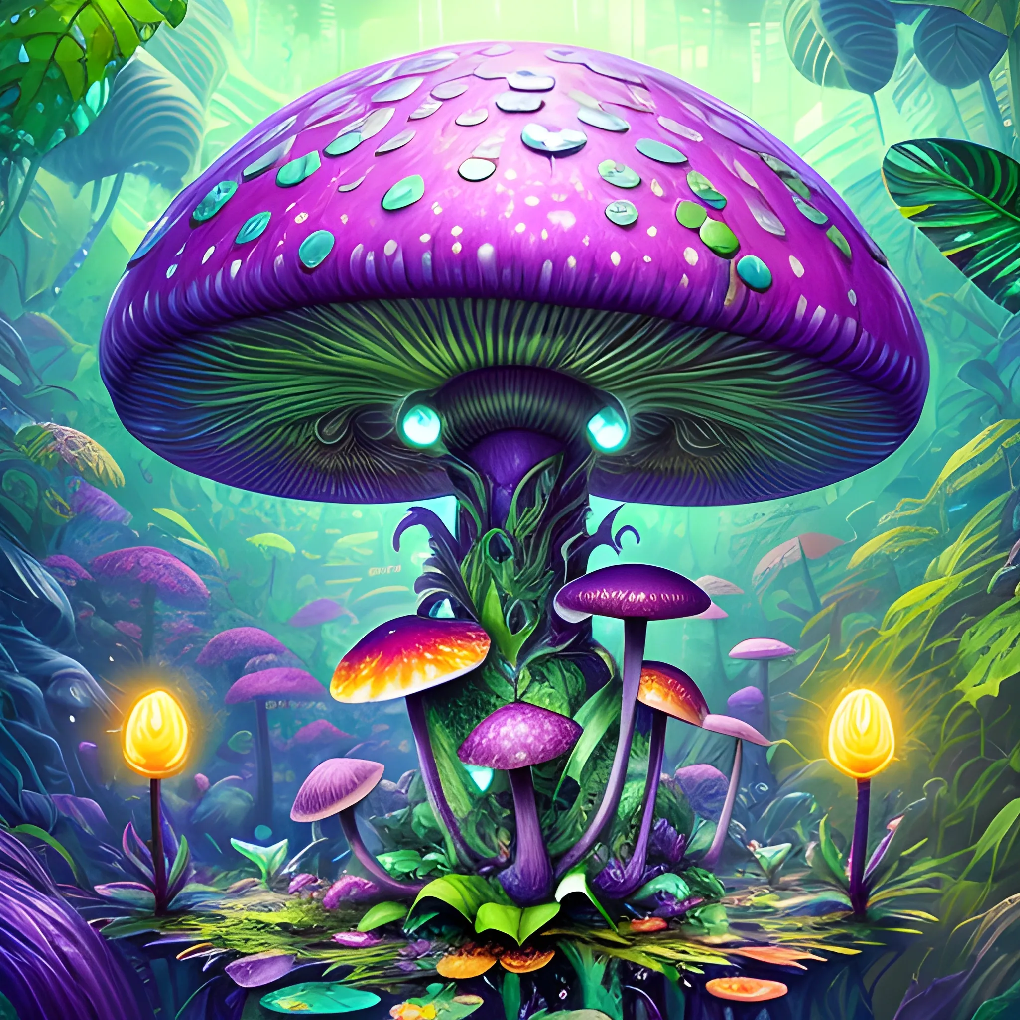 Botanic Beauty !detailed splash painting portrait, anthropomorphic symbiote robot -mushroom creature, jungle ambience, colorful painting, alcohol ink technique 4k resolution, hyper detailed, otherworldly .magic, dreamy, orthographic view, digital illustration, intricate detail, sharp focus, complex composition, cinematic lighting