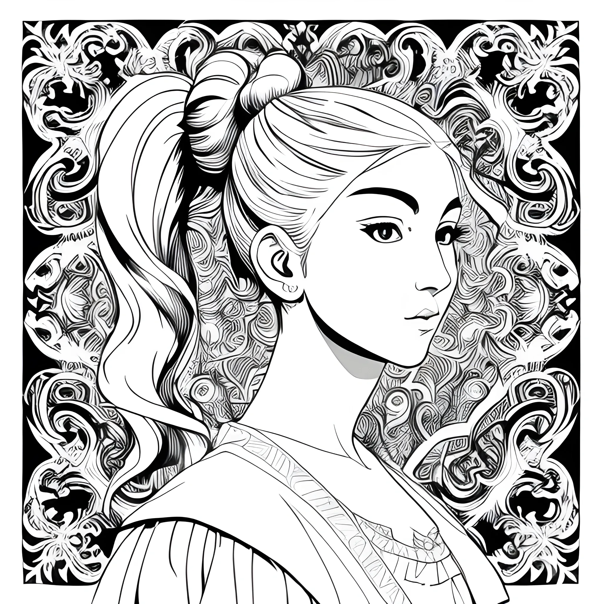 masterpiece, line art of a female character with ponytail, baroque patterns, style by double exposure, no shading, for coloring page, white space, no shadowing