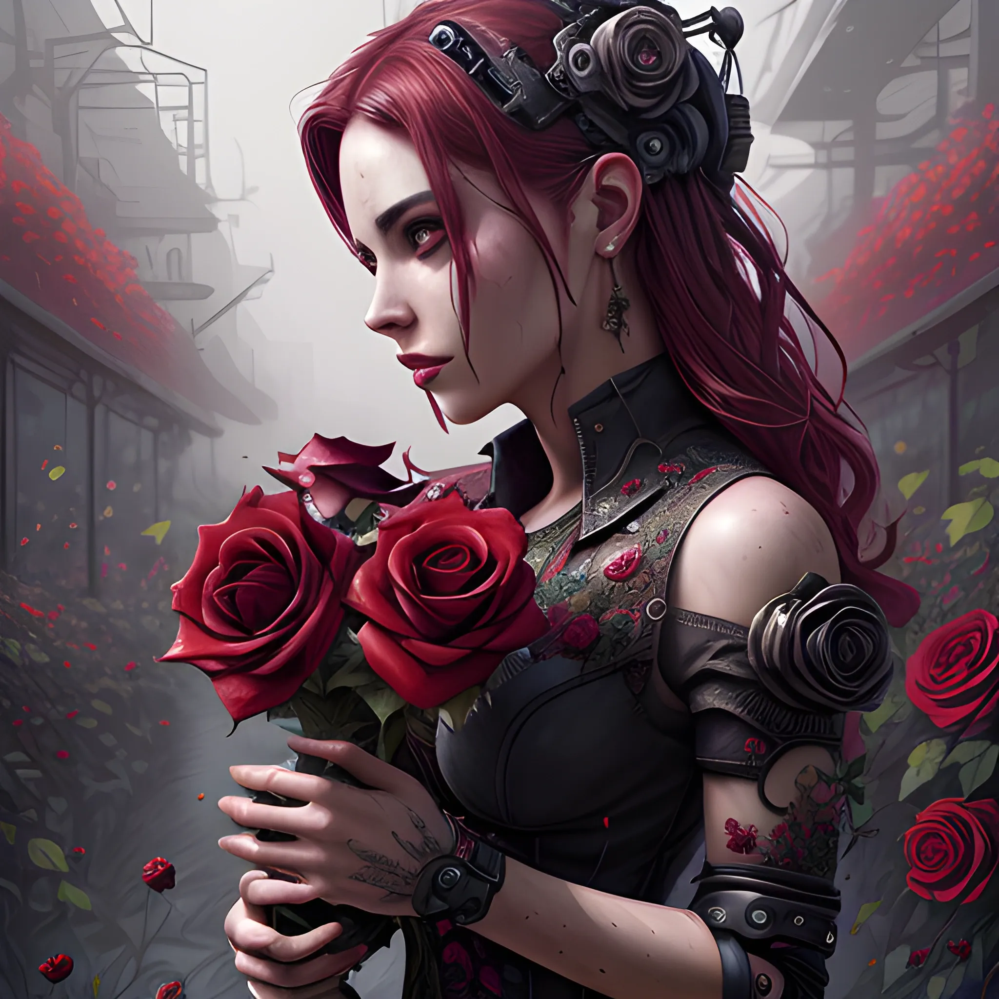splash art, detailed painting of Botanic Beauty, dark red roses, field flowers, a cyberpunk art, HD, intricate details, sharp focus, magic, dreamy
