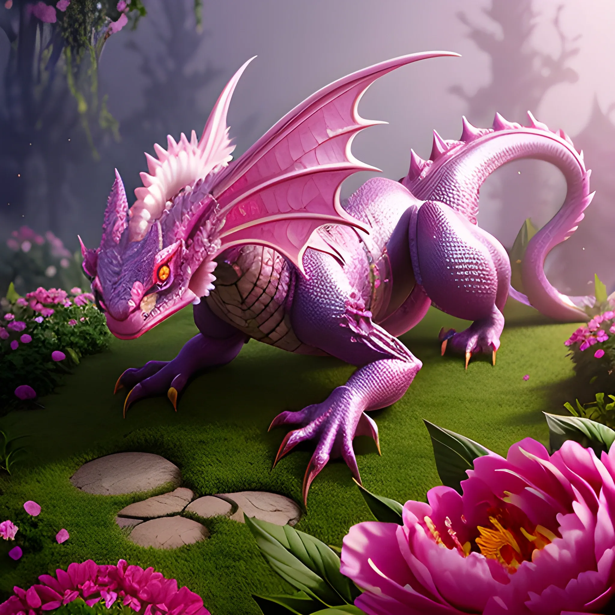 Adorable, cute, little dragon creature, detailed dragon scale, Big bright pink eyes, close up, Delicate and fine, Fairy tales ambience, peony garden, Incredibly high detailed, rim light, Octane render, Gorgeous, Ultra wide angle, 16k, HD, Realistic