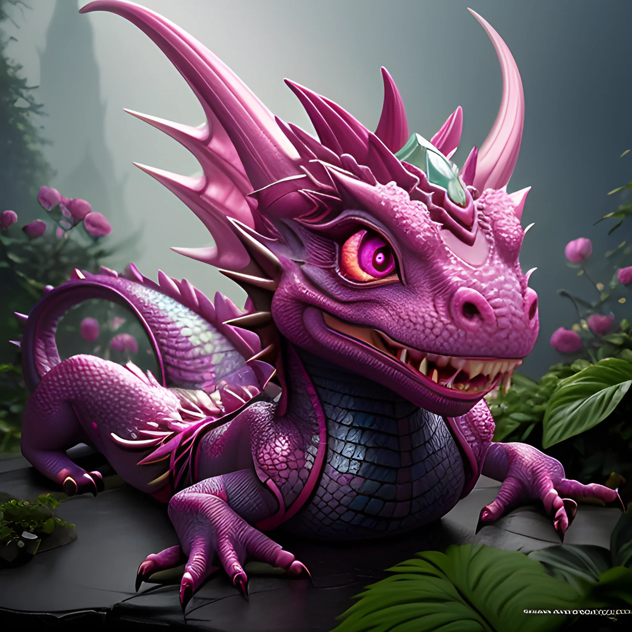 Adorable, cute, little dragon creature, detailed dragon scale, Big bright pink eyes, close up, Delicate and fine, Fairy tales ambience, peony garden, Incredibly high detailed, rim light, Octane render, Gorgeous, Ultra wide angle, 16k, HD, Realistic