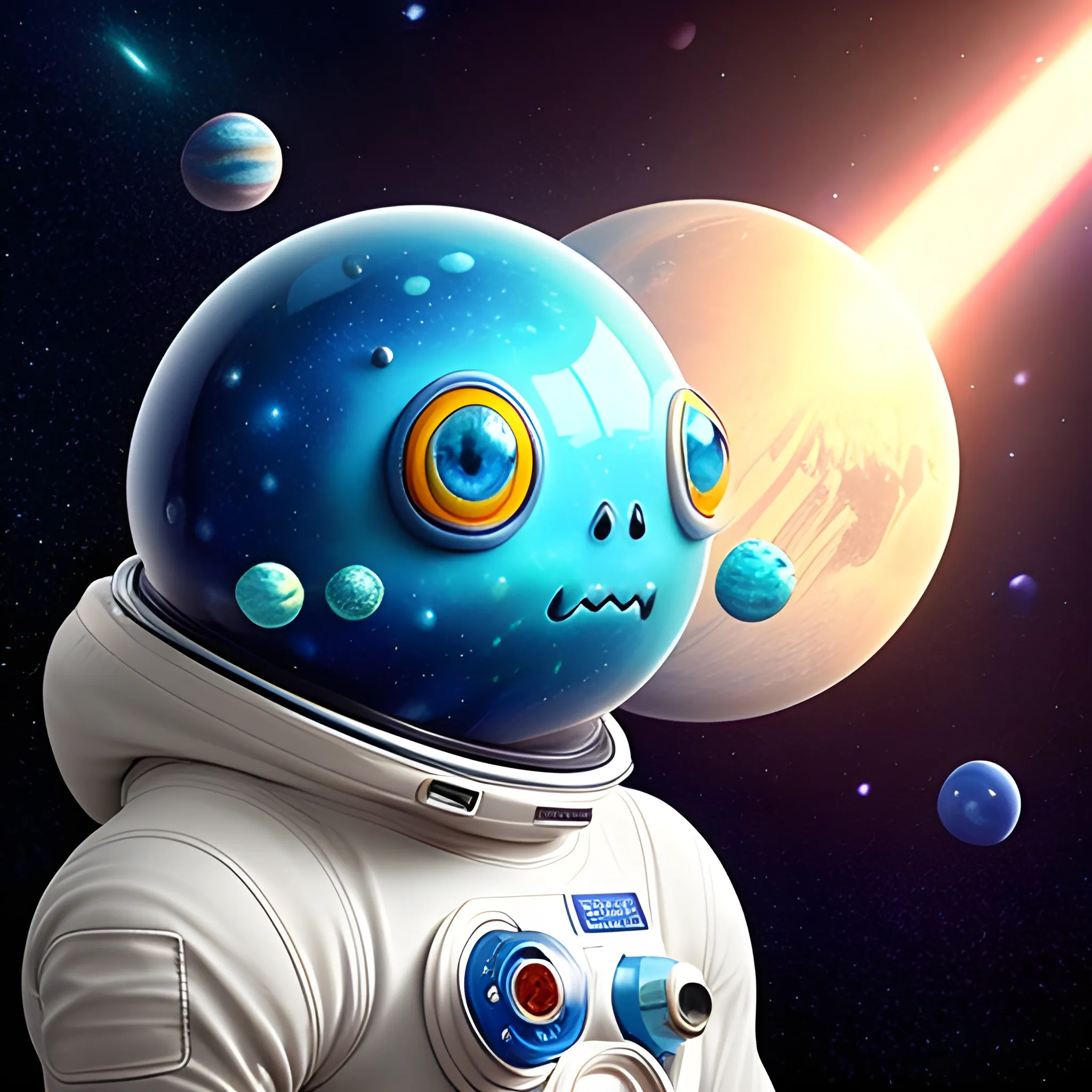 A cute slime alien in a space suit, sits on a small planet. No helmet. Multiple planets are floating. Milky way is visible. beautiful detailed eyes, hyperdetailed face, complex, symmetrical face, model, rough, figure in frame, professional make-up, looking afar, faint lips, light particles, full-body, airbrush