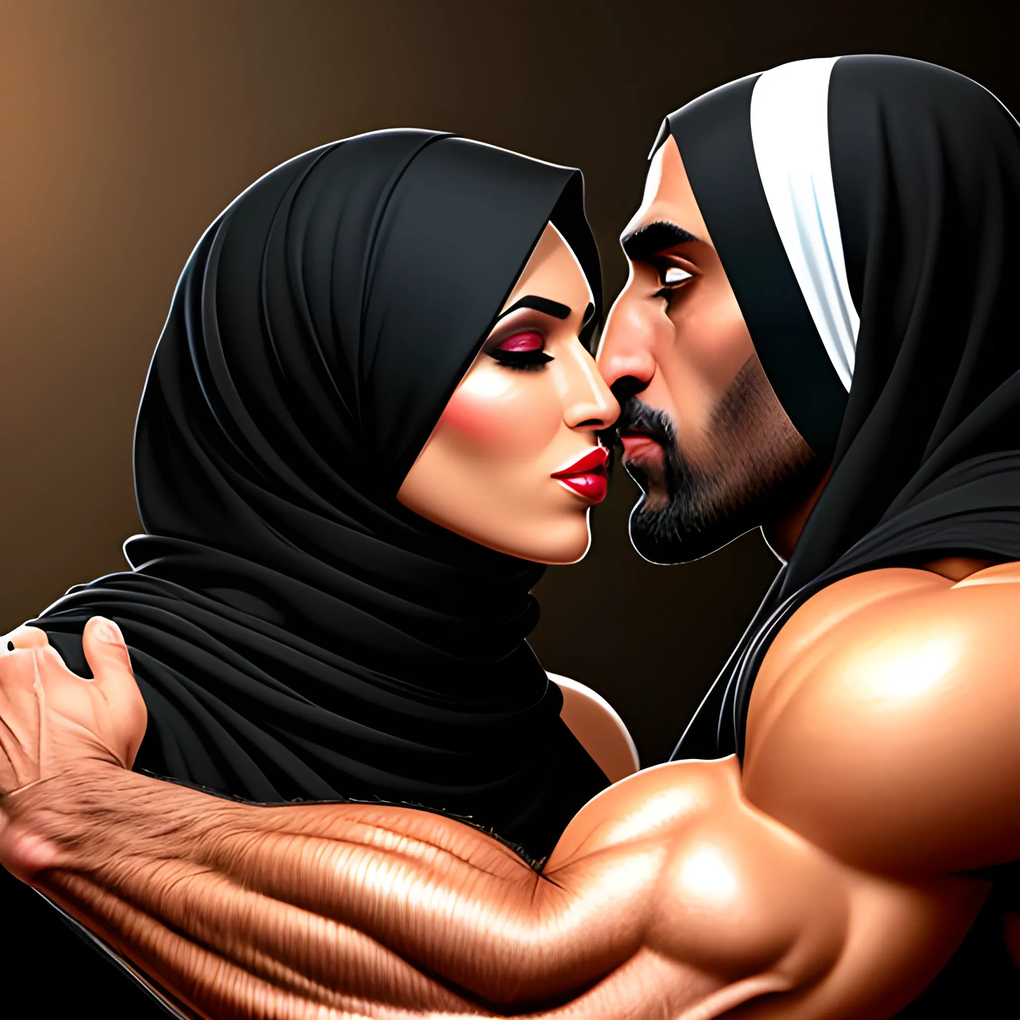 Muslim hijabi black girl kissing arab muscular man, clothed, sha... -  Arthub.ai