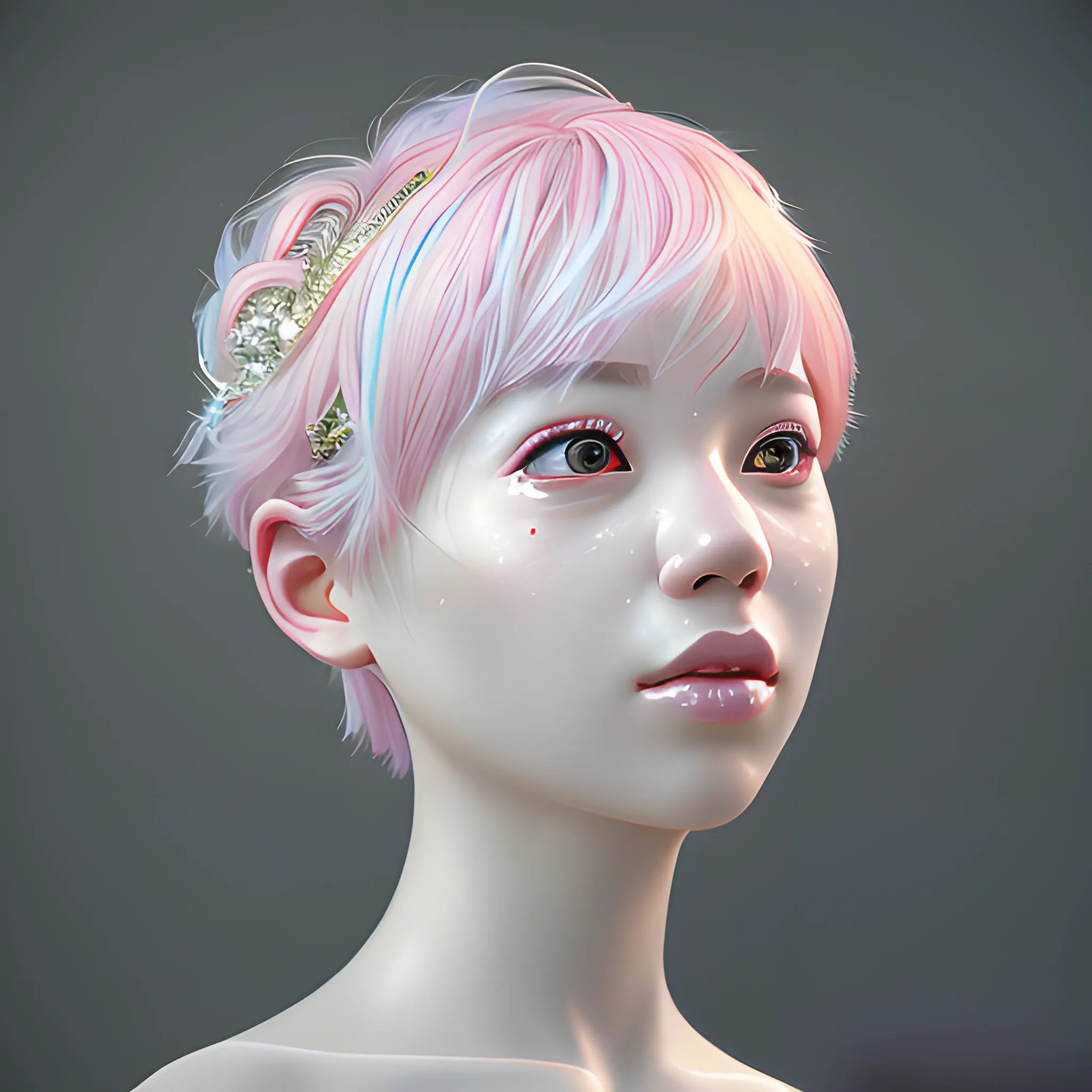 Best Quality, Masterpiece, Ultra HD, (Realism: 1.8), Skin Detail, Korean, Bangs, semi Short Hair, Light white Pink Hair Color, full body, mermaid rainbow, bride crown, Beautiful Lighting, Dynamic Lighting, Zbrush Sculpt