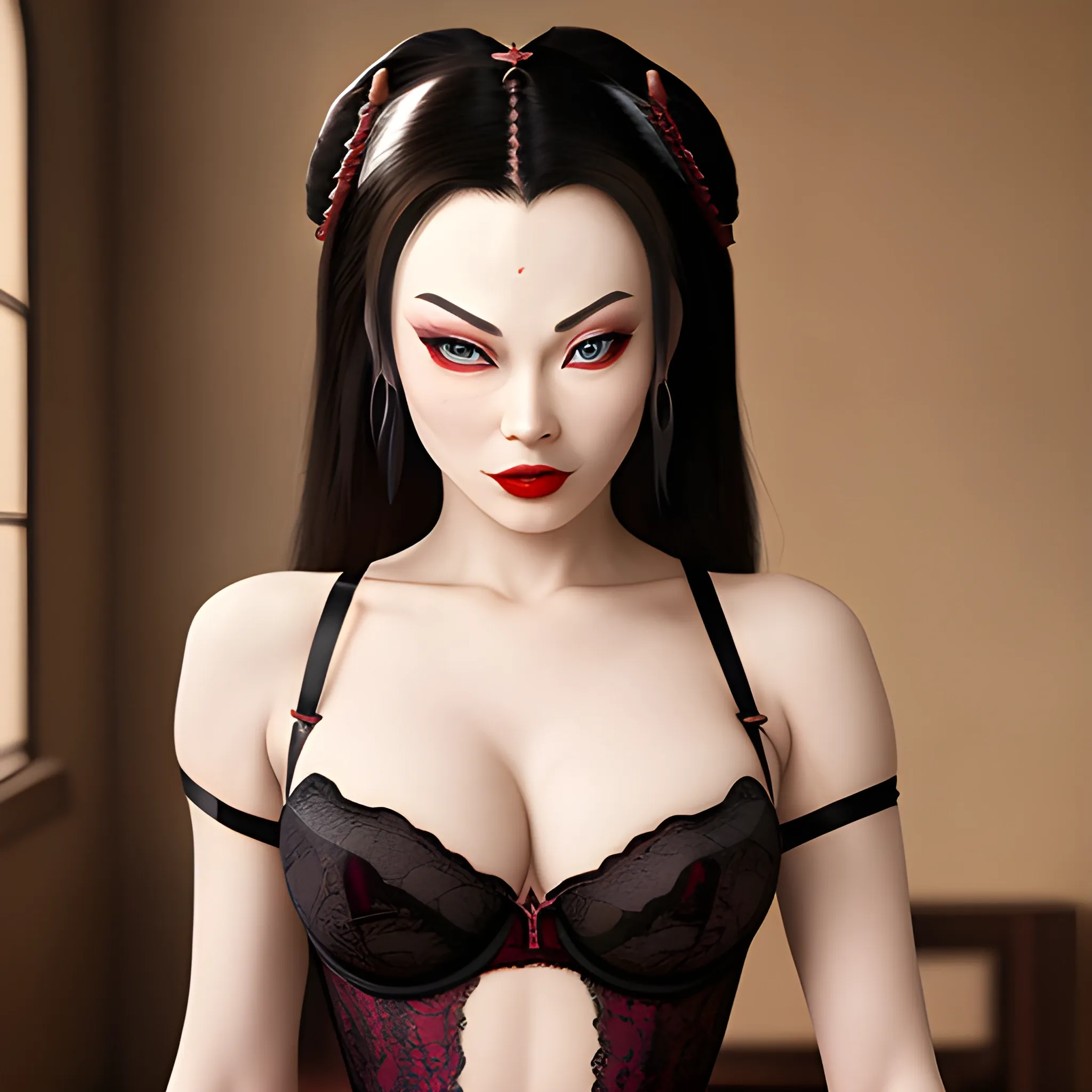 ((masterpiece)), (best quality), (absurdres), azula, evil grin, lingerie, facing viewer, looking at viewer, pov looking back,
