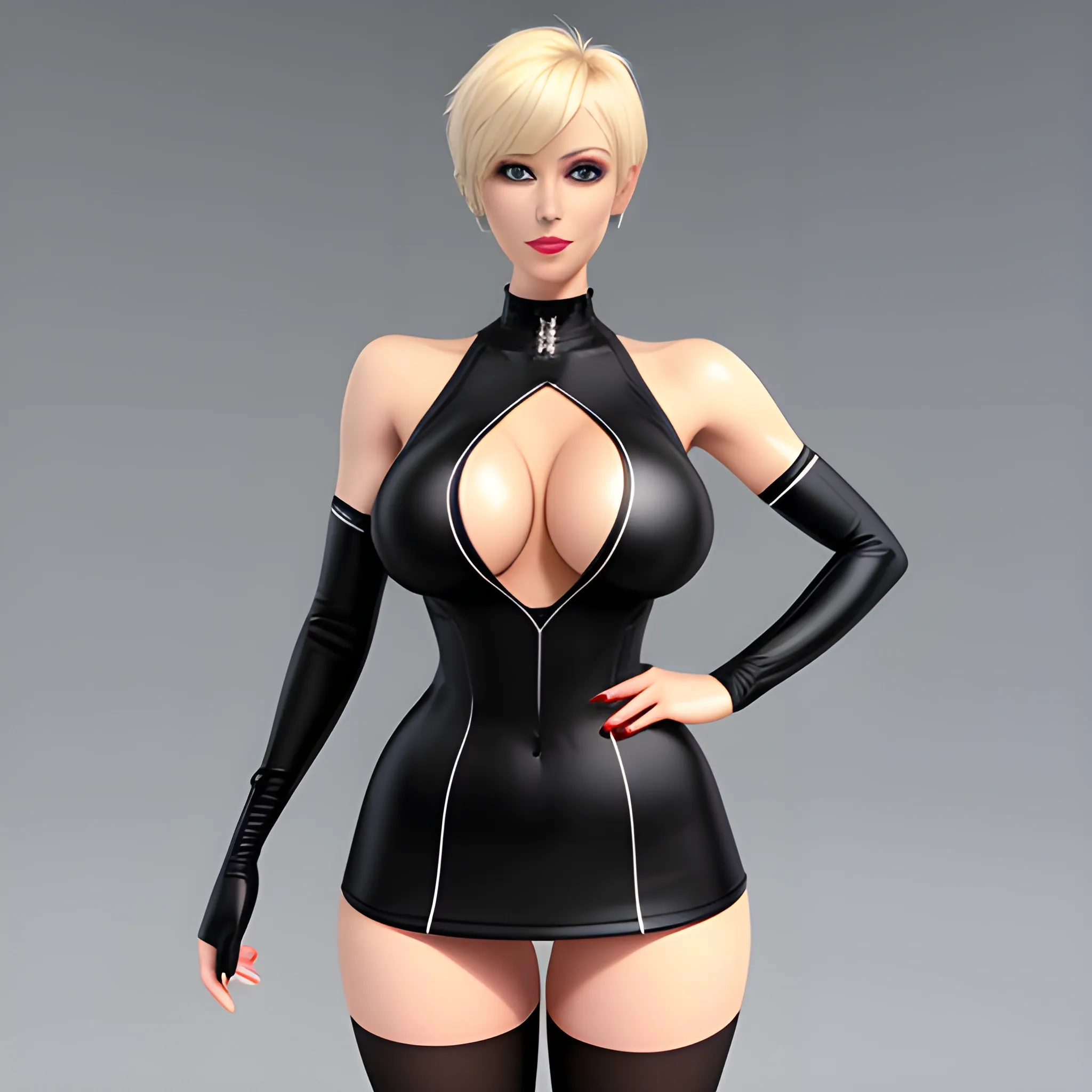 1 girl, short blonde hair, blue eyes, pierced left eyebrow, D-cup breasts, wide hips, toned thighs, six pack, white long-sleeved top with black stripes mid-length, black skirt, black pantyhose, black sneakers, 3D