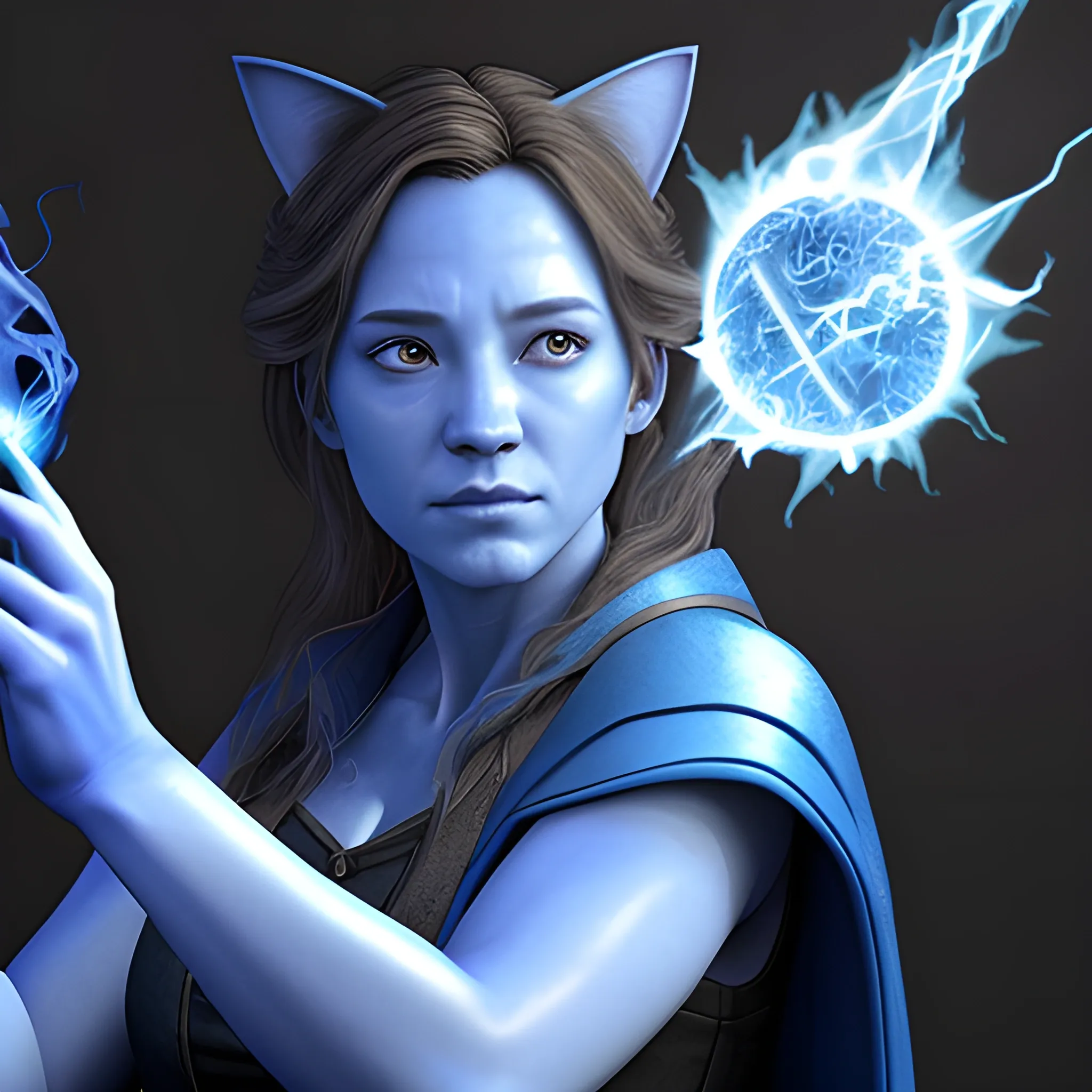 a female wizard casting a blue fireball, realistic shaded, fine details, realistic shaded lighting, cat un her shoulder