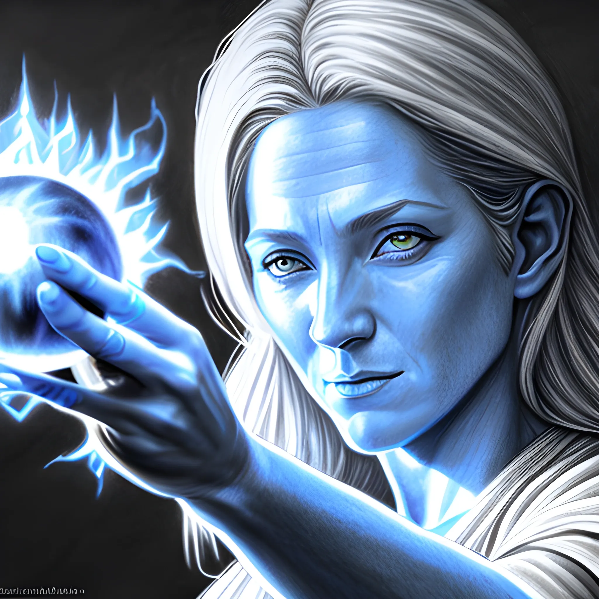 a female wizard casting a blue fireball, realistic shaded, fine details, realistic shaded lighting., Pencil Sketch