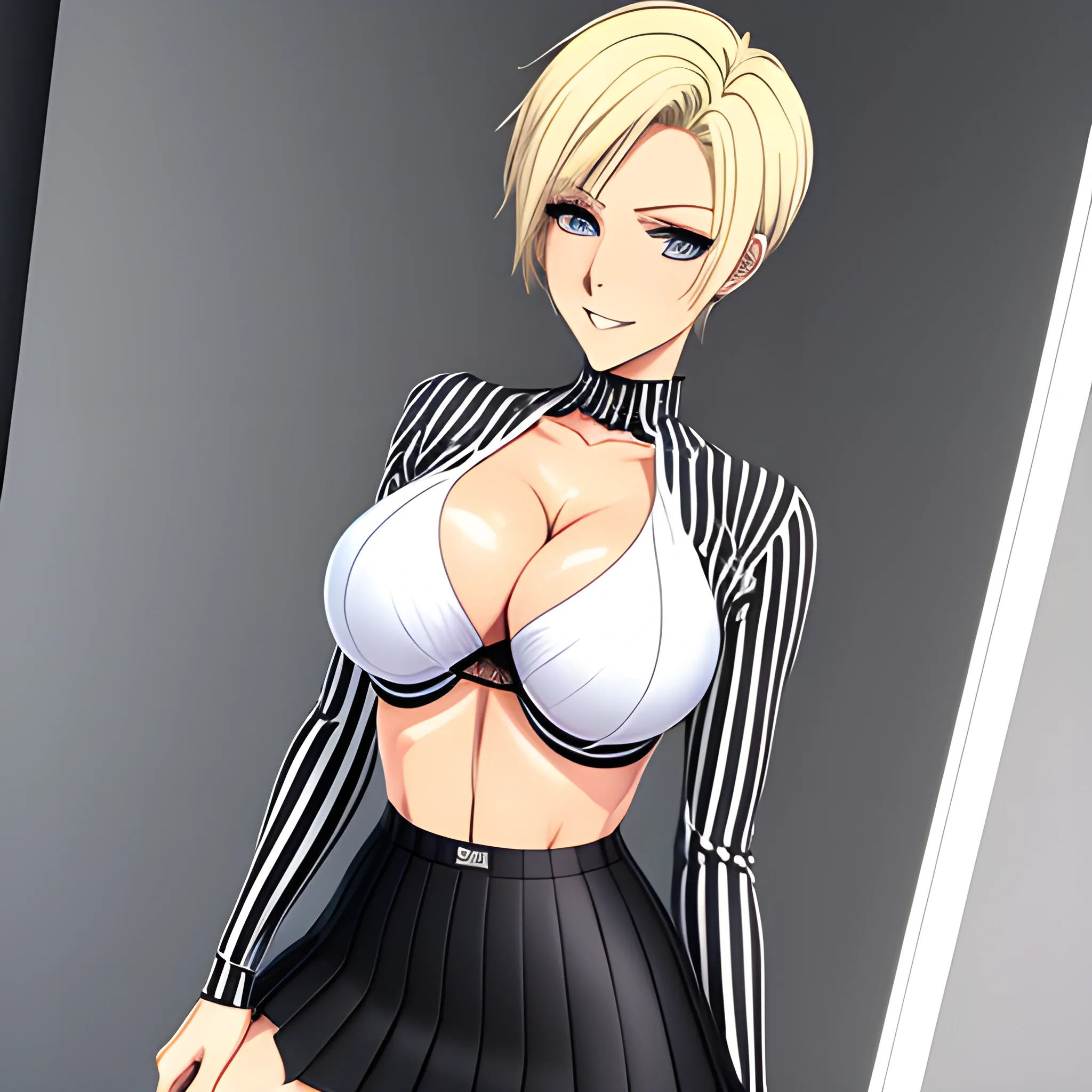 1 girl, short blonde hair, blue eyes, pierced left eyebrow, D-cup breasts, wide hips, toned thighs, six pack, white long-sleeved top with black stripes mid-length, black skirt, black pantyhose, black sneakers, anime style