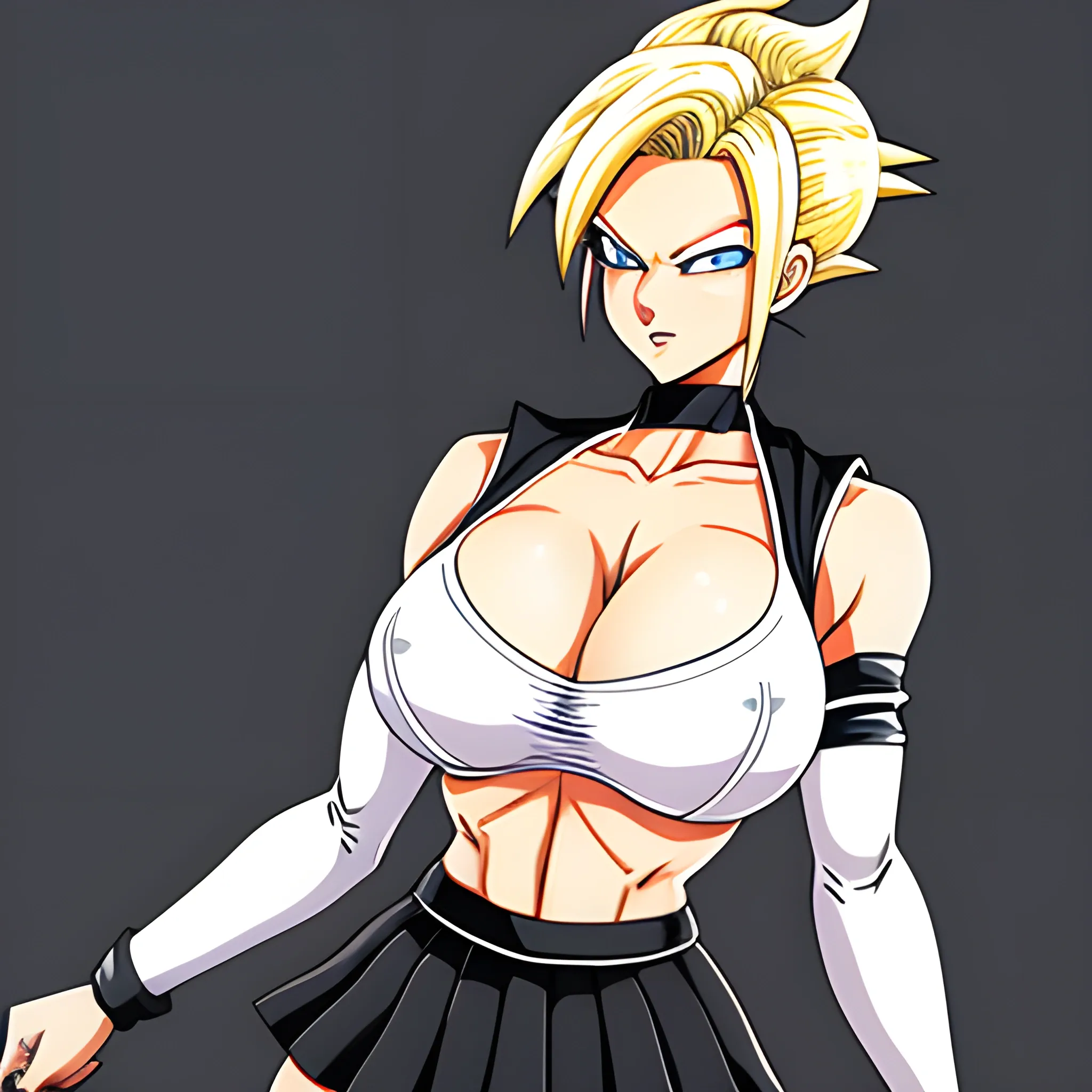 1 girl, short blonde hair, blue eyes, pierced left eyebrow, D-cup breasts, wide hips, toned thighs, six pack, white long-sleeved top with black stripes mid-length, black skirt, black pantyhose, black sneakers, dragon ball z art style