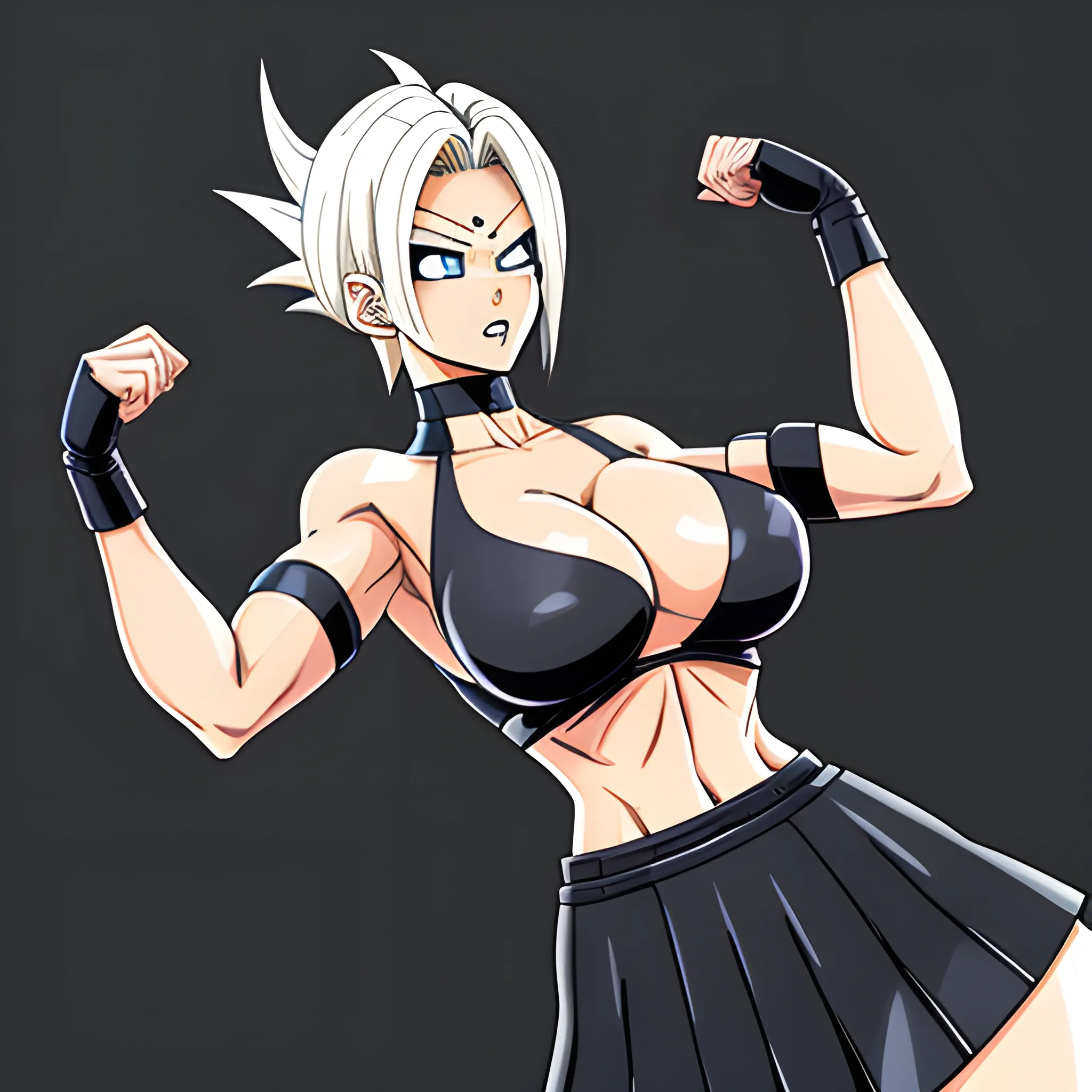 1 girl, short straight blonde hair, blue eyes, pierced left eyebrow, D-cup breasts, wide hips, toned thighs, six pack, white long-sleeved top with black stripes mid-length, black skirt, black pantyhose, black sneakers, dragon ball z art style