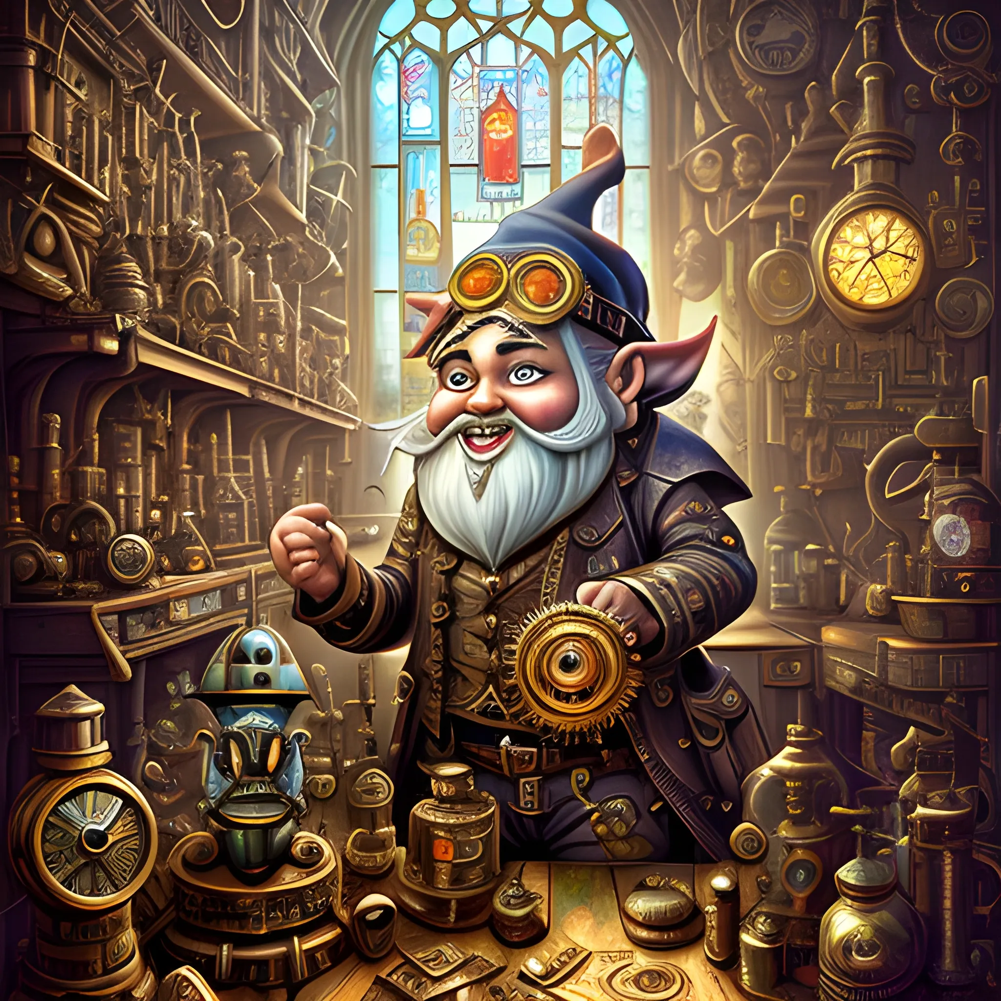 A steampunk-inspired digital illustration of a gnome inventor in a cluttered workshop, surrounded by intricate machinery and gears. The camera angle is a medium shot, capturing the gnome's enthusiastic expression as he tinkers with a fantastical contraption. The lighting is warm and atmospheric, with rays of sunlight streaming through stained glass windows, casting vibrant colors and ((shadows)) across the room. The style combines elements of steampunk and clock-punk, resembling the works of Jules Verne and H.R. Giger. The image is detailed and intricate, showcasing the gnome's ingenious inventions and the mesmerizing complexity of the steampunk world. It is a visually stunning artwork that captures the imagination., Oil Painting, Cartoon, Trippy