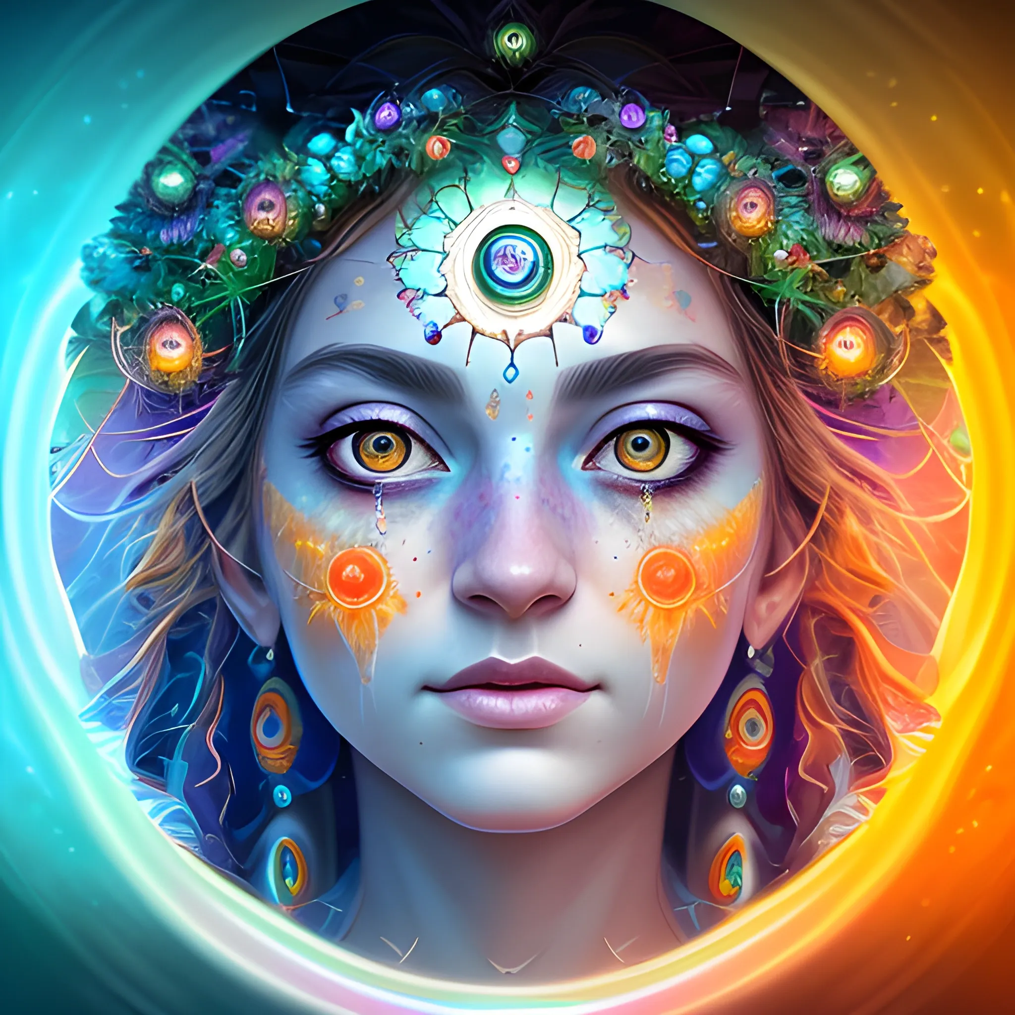 ultra realistic photo portrait of a druid cosmic energy, colorful, painting burst, beautiful symmetrical face, nonchalant kind look, realistic round eyes, tone mapped, intricate, elegant, highly detailed, digital painting, artstation, concept art, smooth, sharp focus, illustration, dreamy magical atmosphere, full body, 4k, 8k