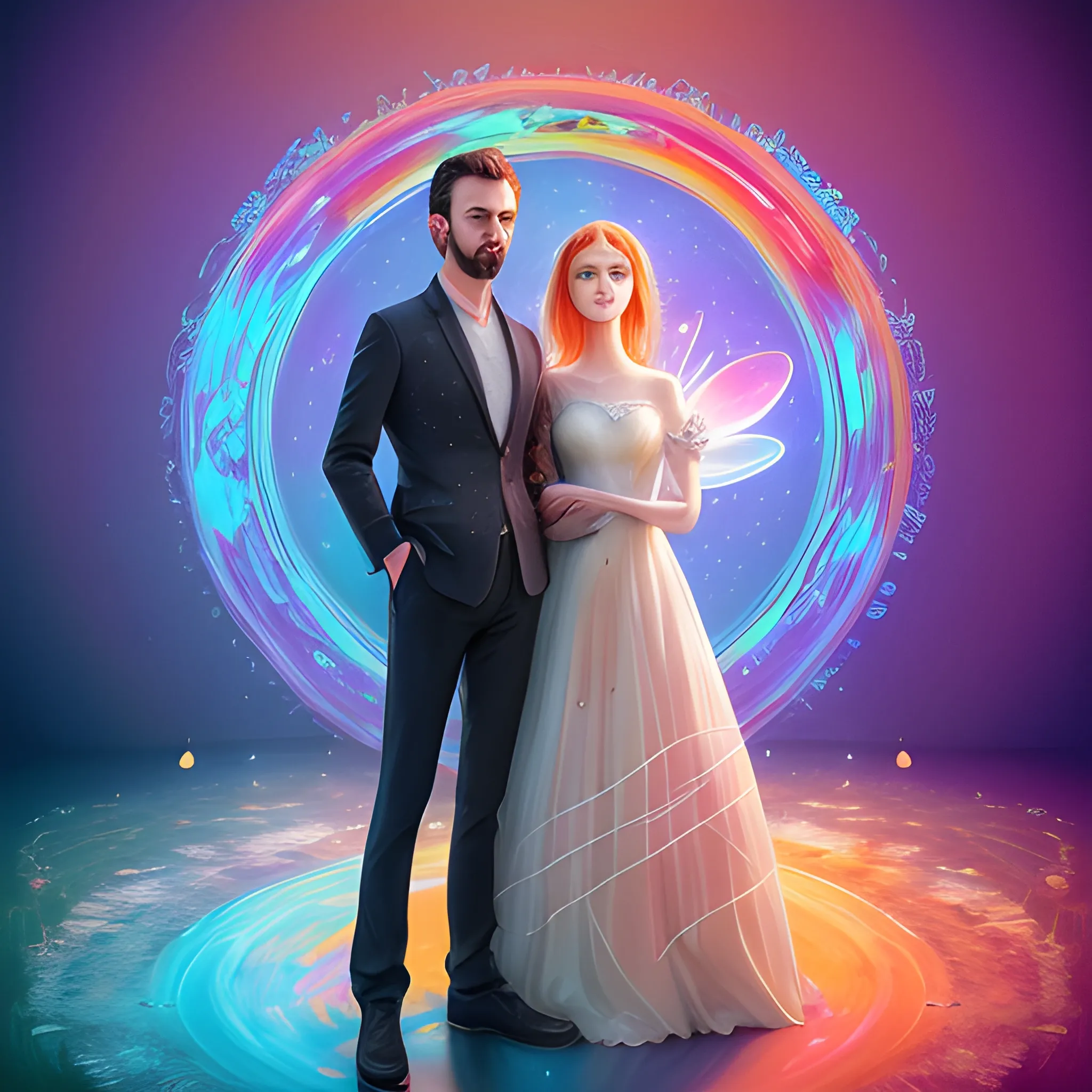 ultra realistic photo full body portrait of a couple, men AND woman, colorful, painting burst, beautiful symmetrical face, nonchalant kind look, realistic round eyes, tone mapped, intricate, elegant, highly detailed, digital painting, artstation, concept art, smooth, sharp focus, illustration, dreamy magical atmosphere, full body, 4k, 8k