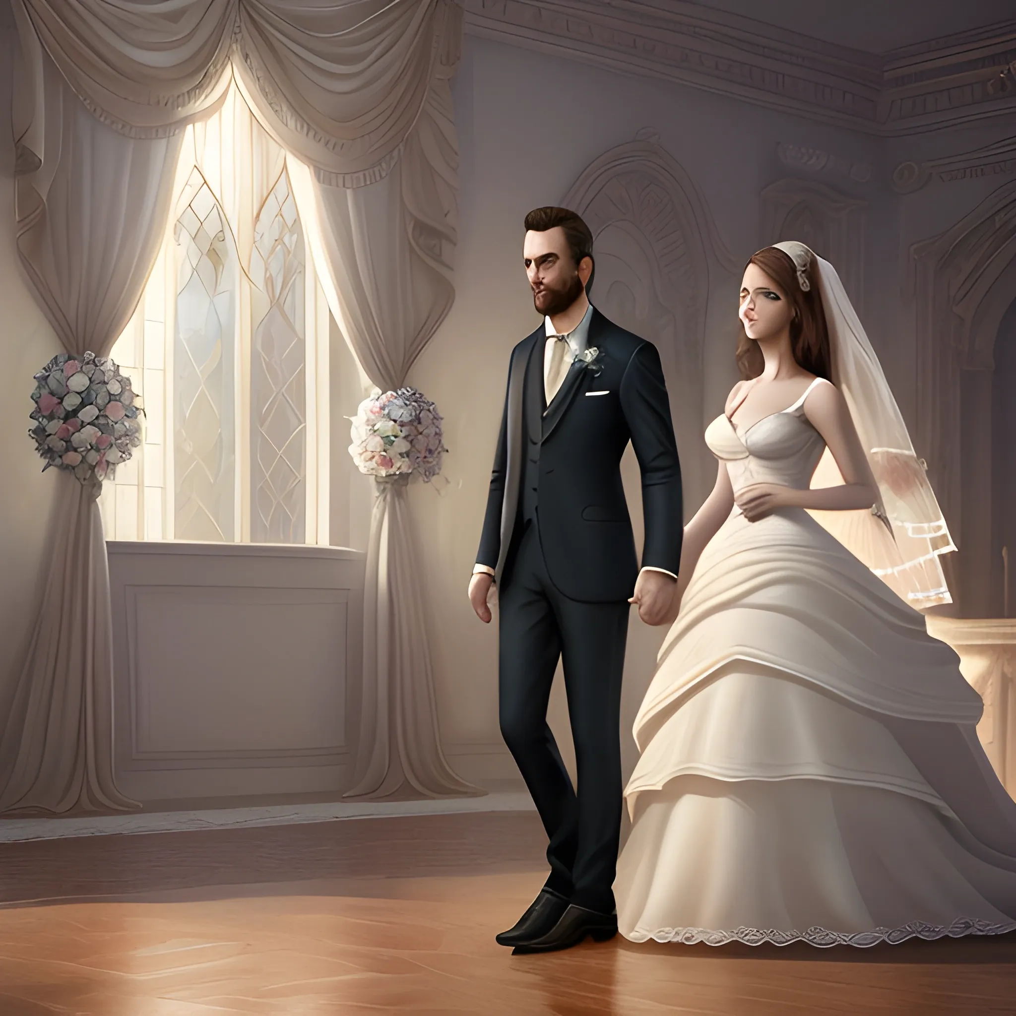 ultra realistic photo full body portrait of a couple, men AND woman, wedding fresa AND wedding suit, lookin each other, nonchalant kind look, realistic round eyes, tone mapped, intricate, elegant, highly detailed, digital painting, artstation, concept art, smooth, sharp focus, illustration, dreamy magical atmosphere,4k, 8k