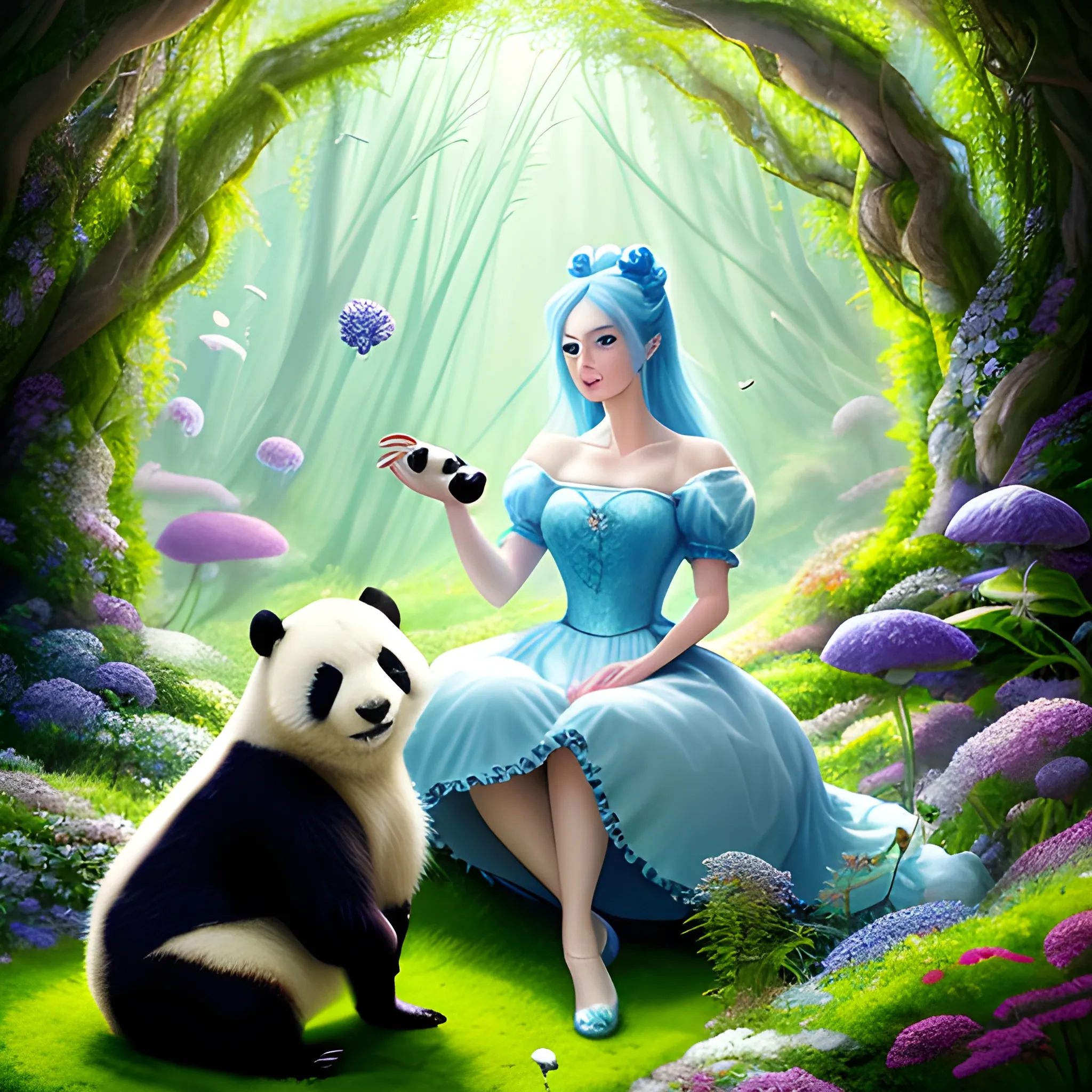 ((portrait of young girl playing with a panda)), (best friends for life), (Alice In Wonderland), (long floating hair), {blue eyes}, wearing cute gown, moss, flowers, clovers,sunlight, dreamy atmosphere, (fantasy), intricate, highly detailed, sharp focus, professionally color graded, masterpiece, trending on artstation, hdr 4k, 8k, ((samdoesarts)), Oil Painting