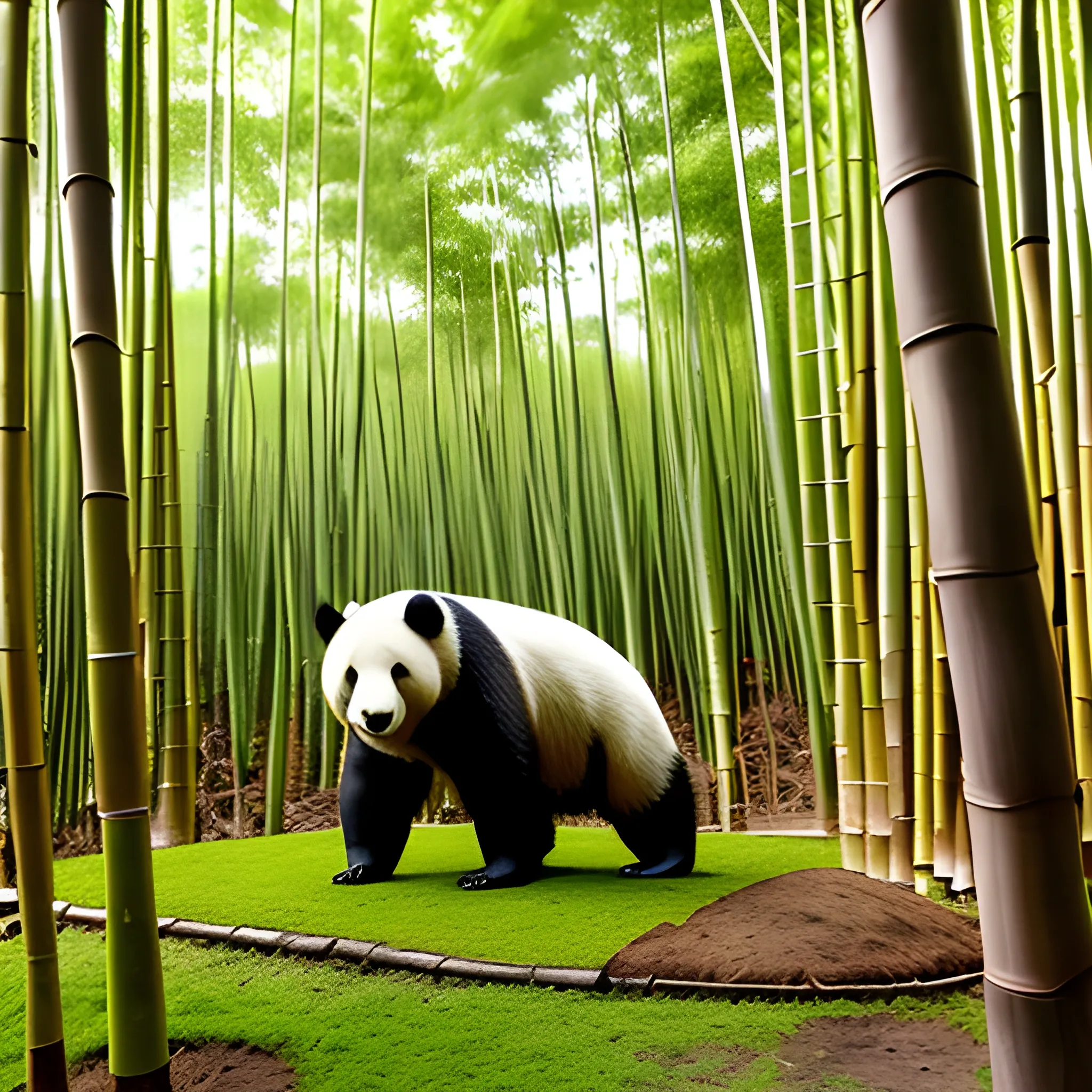 Niña jugando con un panda en un bosque de bambú 