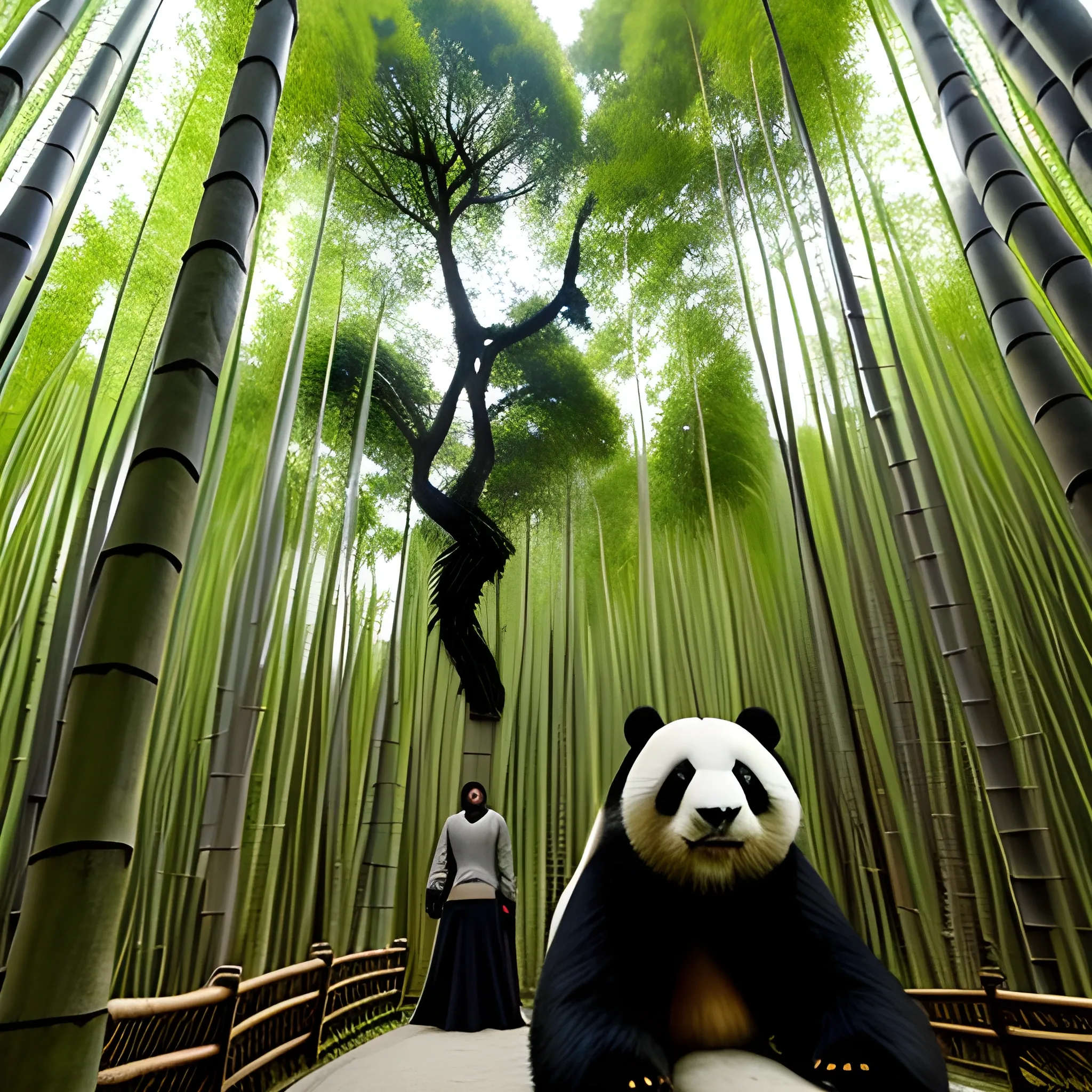 Niña  con un panda en un bosque de bambú 