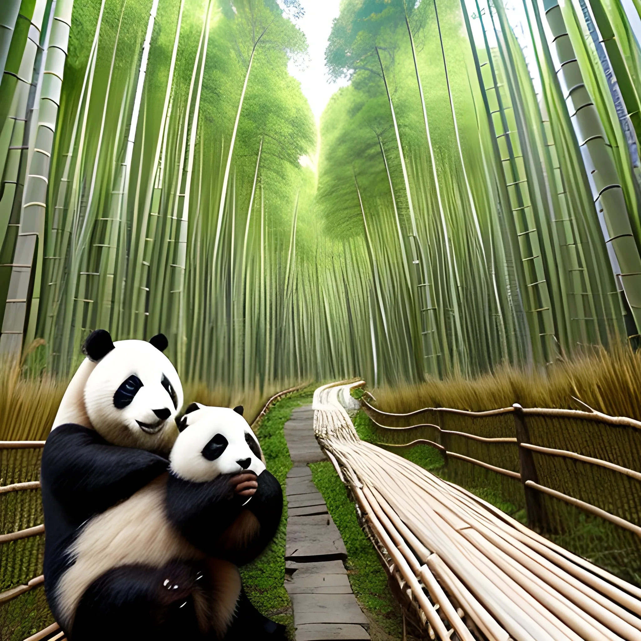 Niña  con un panda en un bosque de bambú, vista cercana altamente detallado, super realista, mejores amigos 