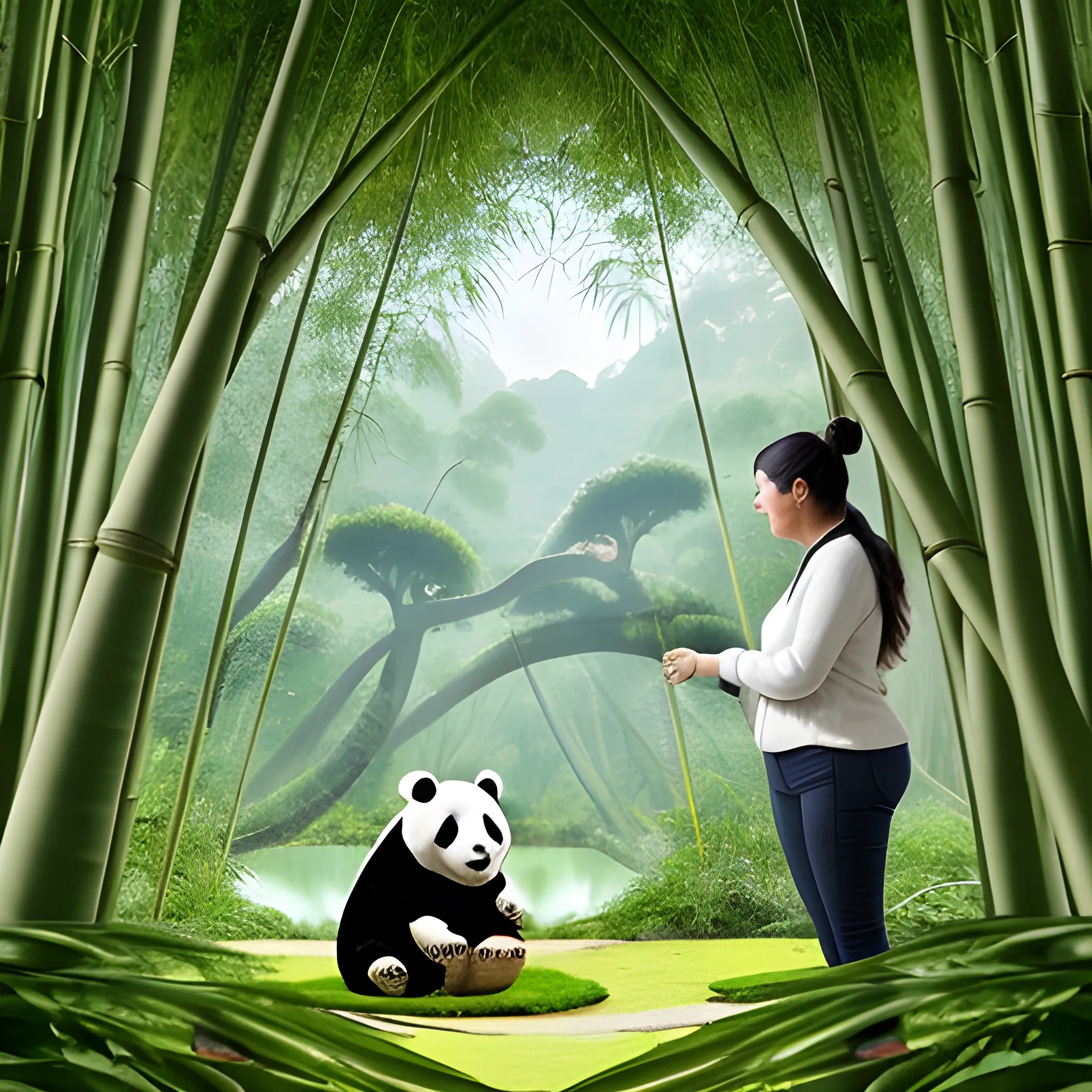 Mujer con un panda en un bosque de bambú, vista cercana altamente detallado, super realista, mejores amigos 