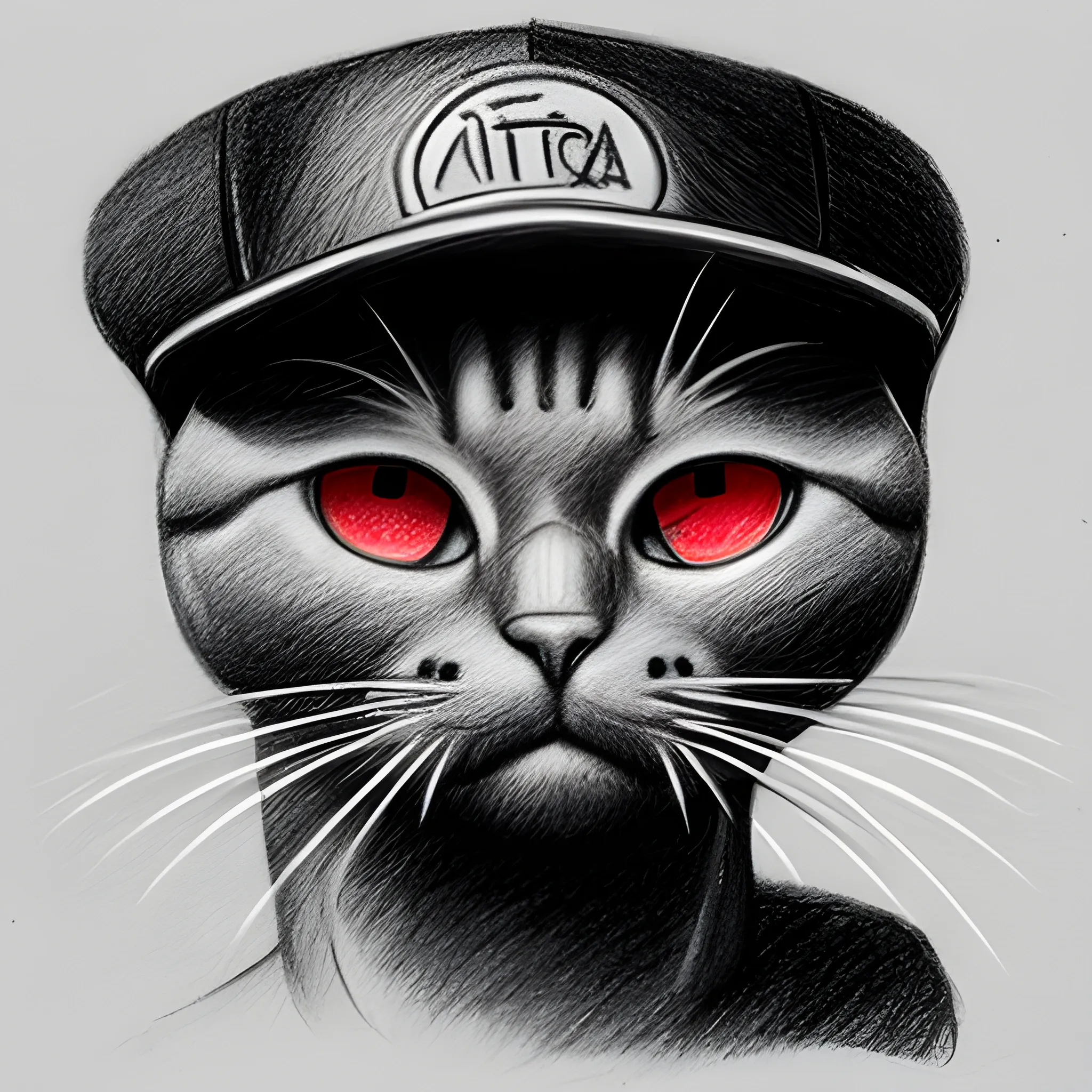 gato negro con gorra ojos rojos , Pencil Sketch