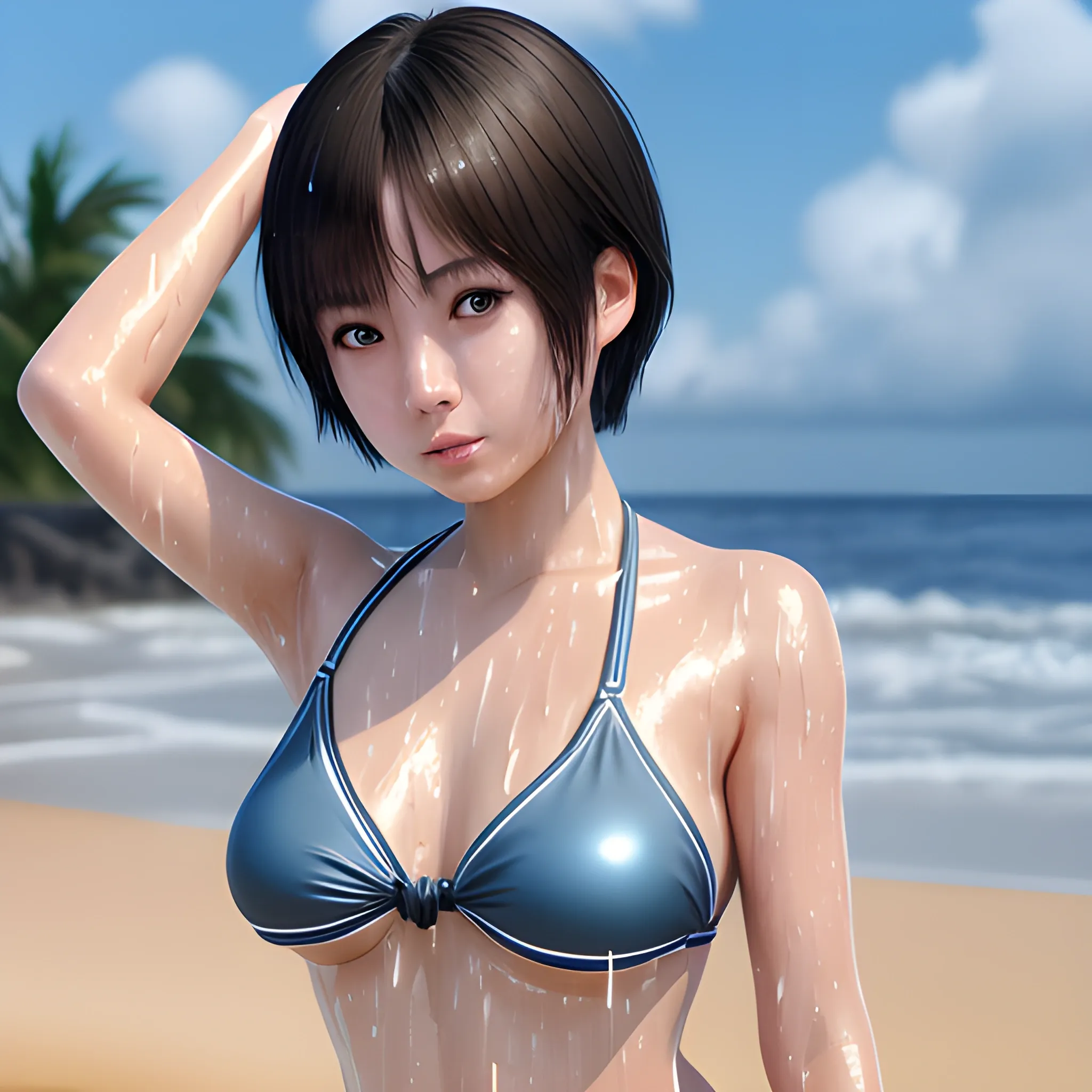 best quality, masterpiece, ultra high res, photorealistic,professional lighting, physically-based rendering, very cute, slant eyes,  Japanese idol (Japanese actress), short hair, full body shot from front,  bikini, sexy pose, beach,wet skin, detailed skin, tan,