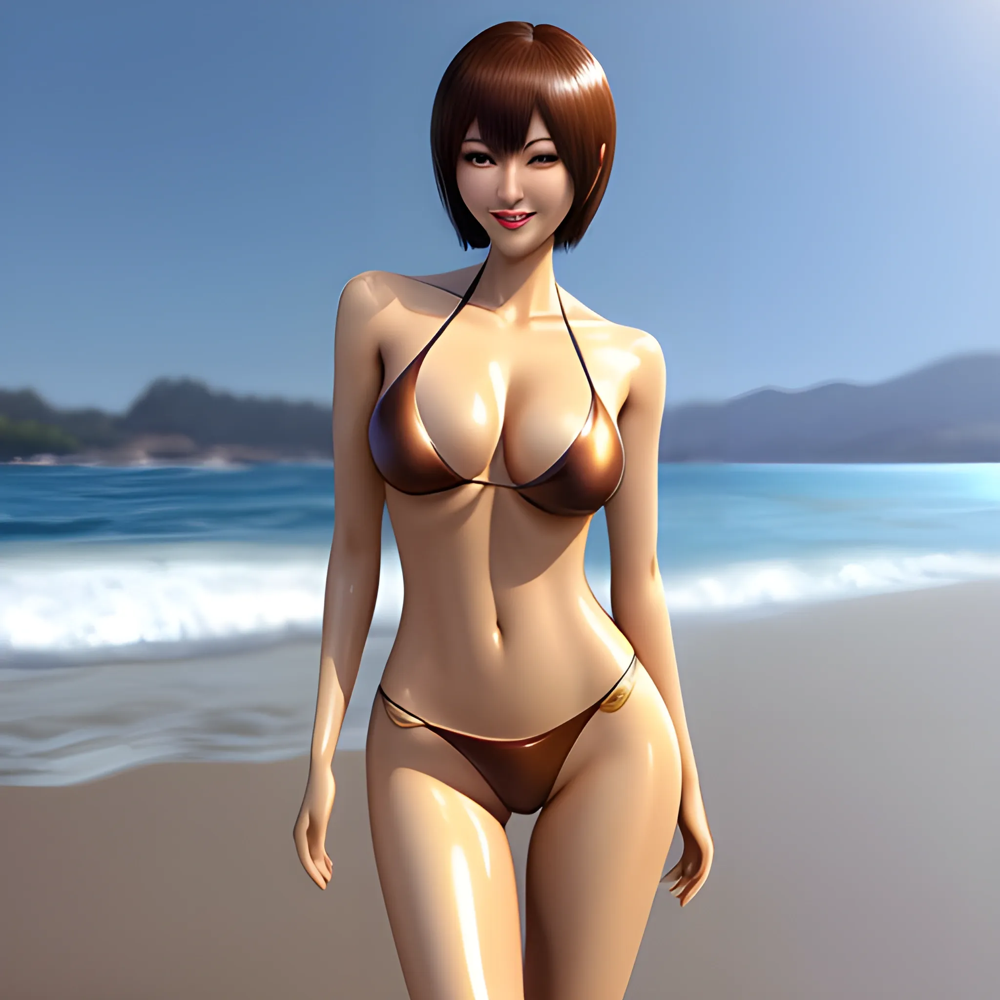 ((masterpiece:1.4, best quality)), ((masterpiece, best quality)),  (photo realistic:1.4), professional lighting, physically-based rendering, very cute, small face, slant eyes, Japanese idol (Japanese actress), short hair, full body shot from front, Metallic bikini, sexy pose, beach,wet skin, detailed skin, brown skin,two legs, two arms, five fingers,piece sign,standing,smile
