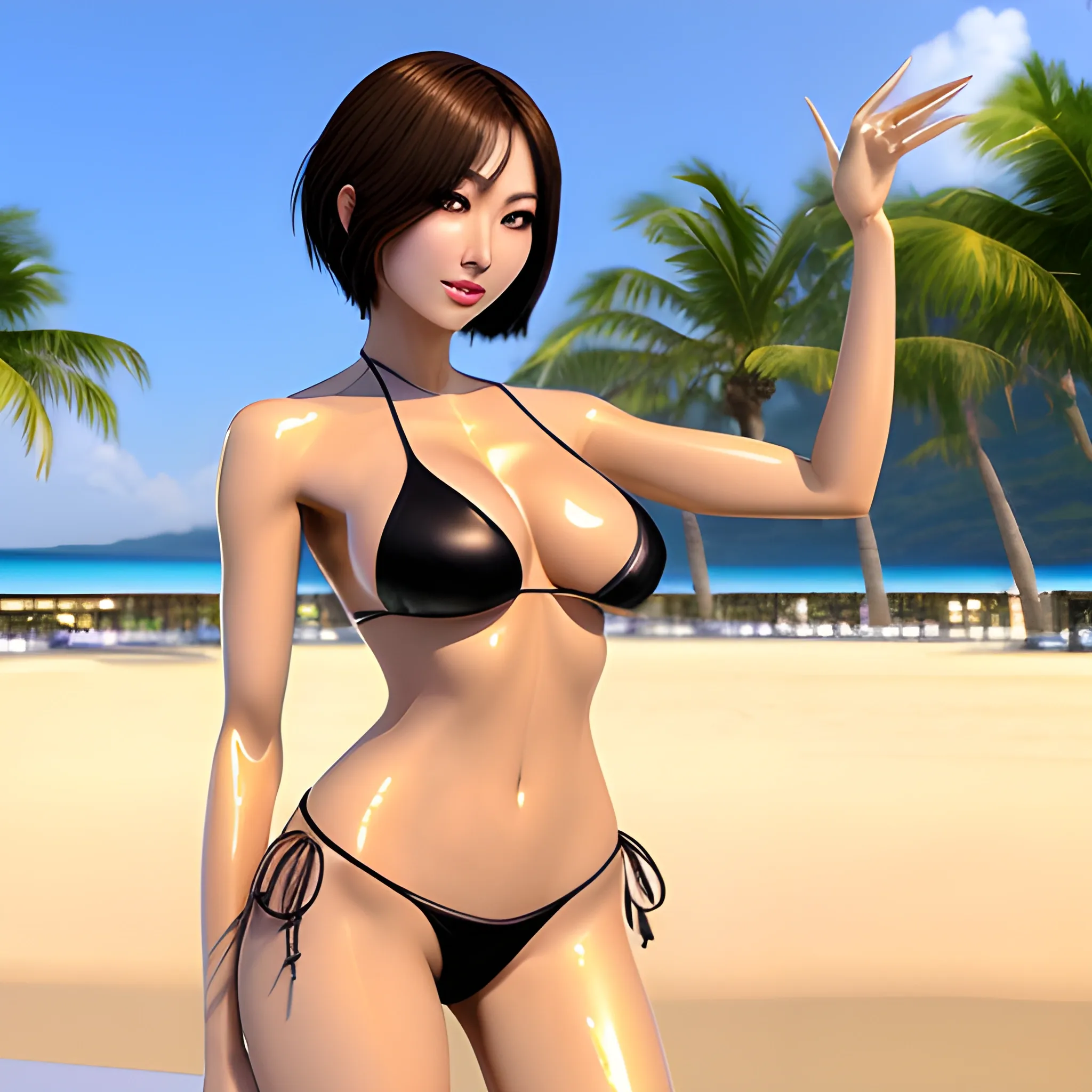 ((masterpiece:1.4, best quality)), ((masterpiece, best quality)),  (photo realistic:1.4), professional lighting, physically-based rendering, very cute, small face, slant eyes, Japanese idol (Japanese actress), short hair, full body shot from front, Metallic bikini, sexy pose, beach,wet skin, detailed skin, brown skin,two legs, two arms, five fingers,piece sign,standing,
