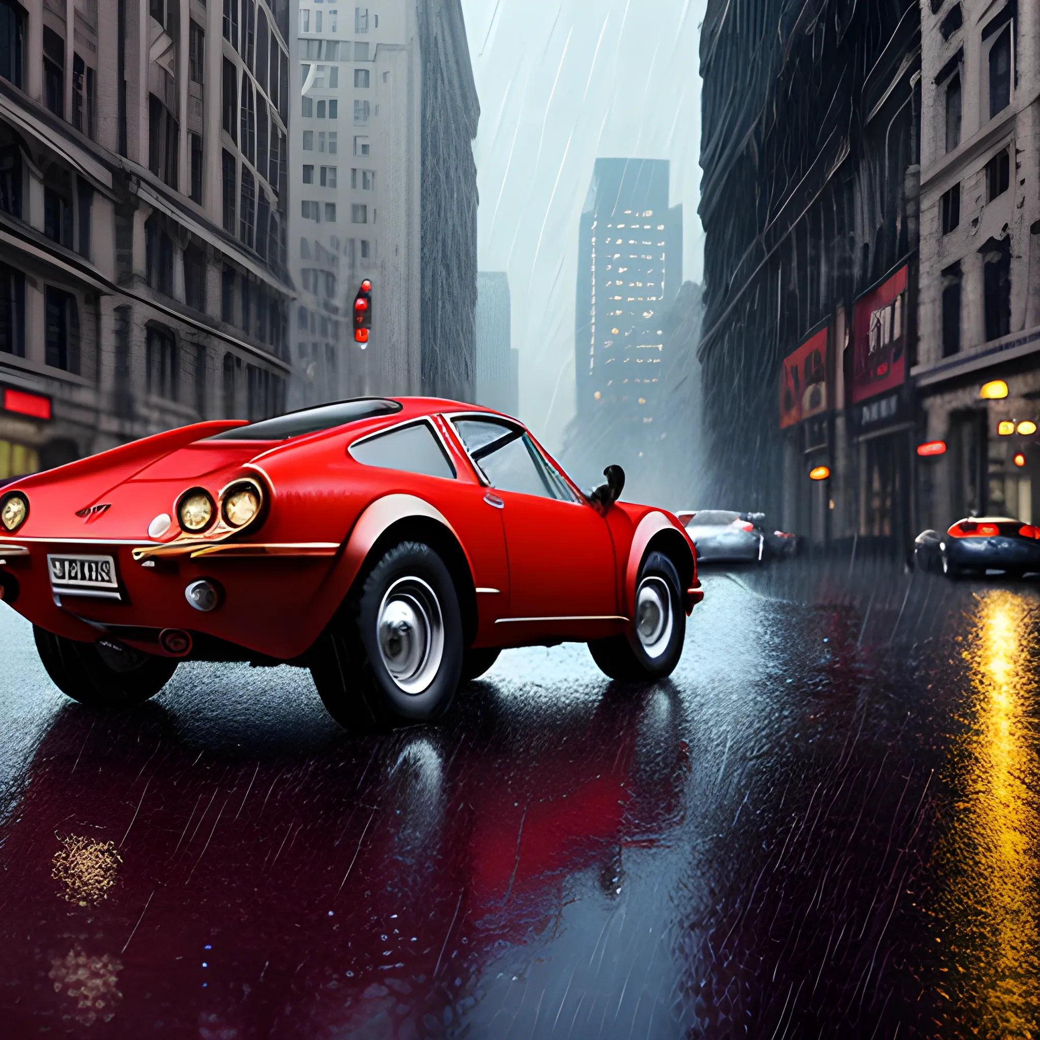 masterpiece, best quality,photo realistic, professional lighting, ((dino246gt )),realistic skin, detailed skin,red car,full body,mettalic,in city,rain, 
