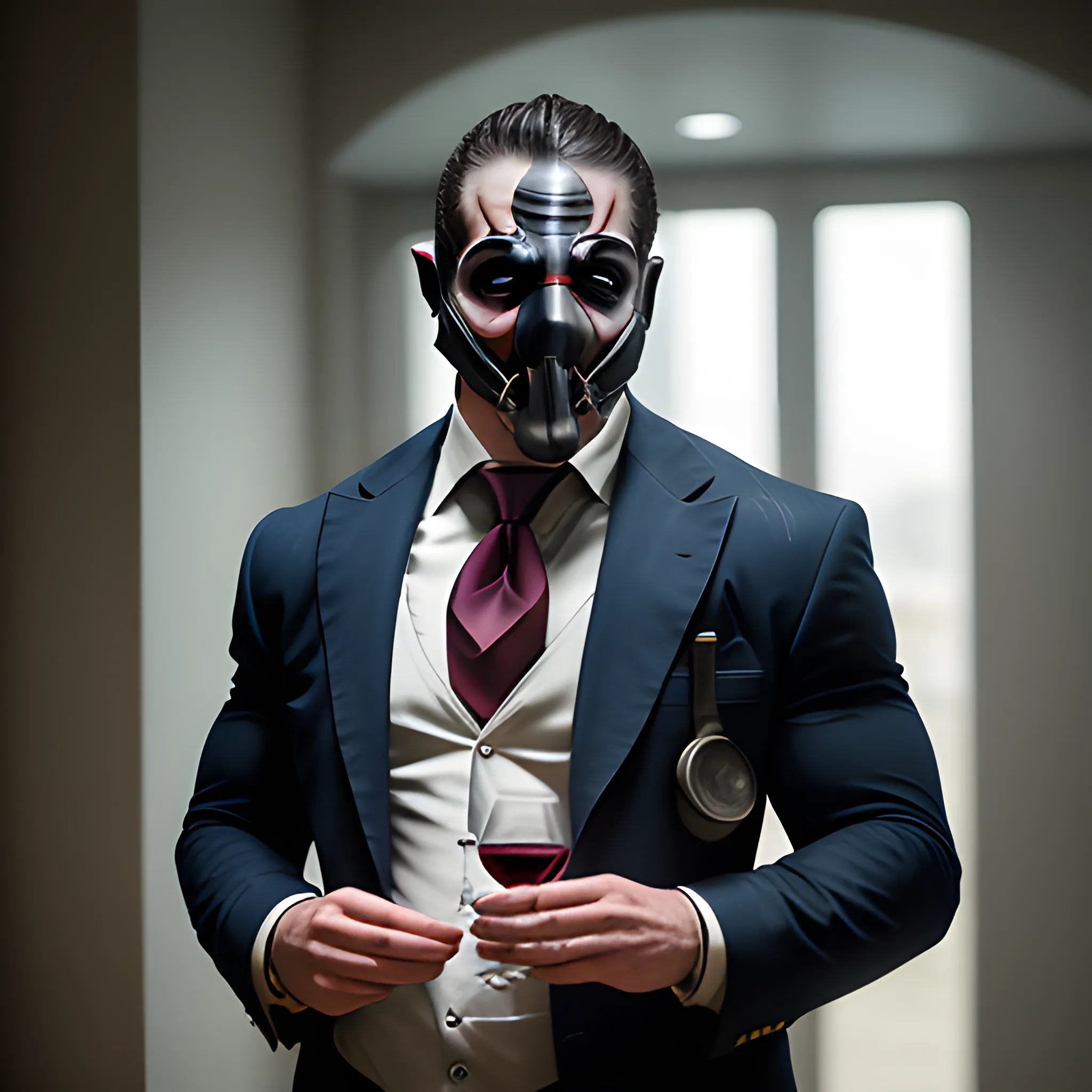 Ultra realistic photo of a sommelier like: (Bane: 1.3), with his face covered in a fine beard, (muscular body: 1.3). He is wearing a navy blue Armany suit. with a red tie. holding a glass of red wine in her hands, Cinematic sense, light colors, Style:
Hyperrealistic photography. Camera: Kodak 35mm 1.33:1 aspect ratio.
5D Mark IV DSLR, camera setup:
Aperture f/ 5.6, Shutter speed of.
1/125 second, ISO 100, -ar 2:3
, shot with Afga Vista 400,
backlight -9:16.
cinematographic sense,