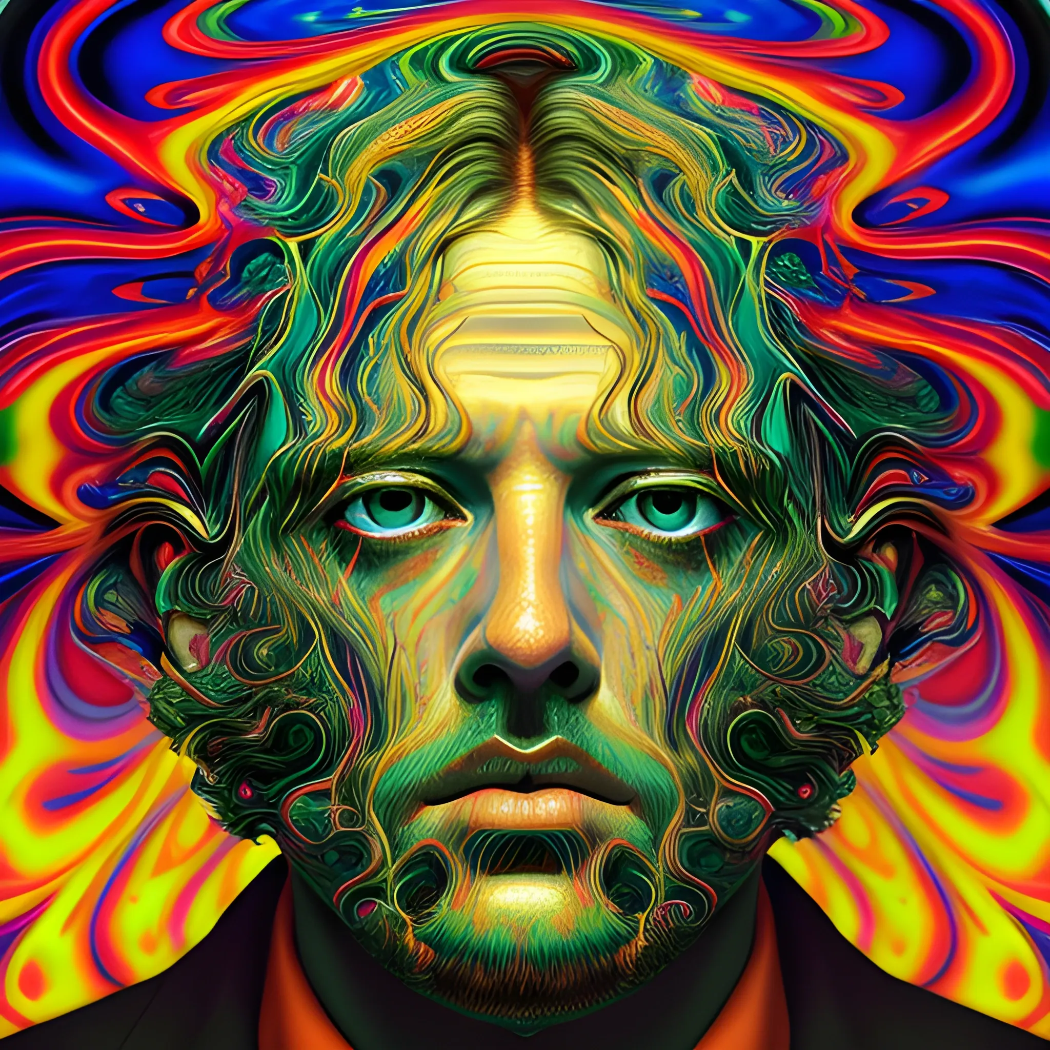 reflection madness, psychedelic art, paranoid portrait, Glenn Brown style, perfect face, perfect eyes, highly detailed, comprehensive cinematic, digital painting, 8k, cinematic lighting, best quality, highres, detailed work, post-processing, perfect result, Trippy