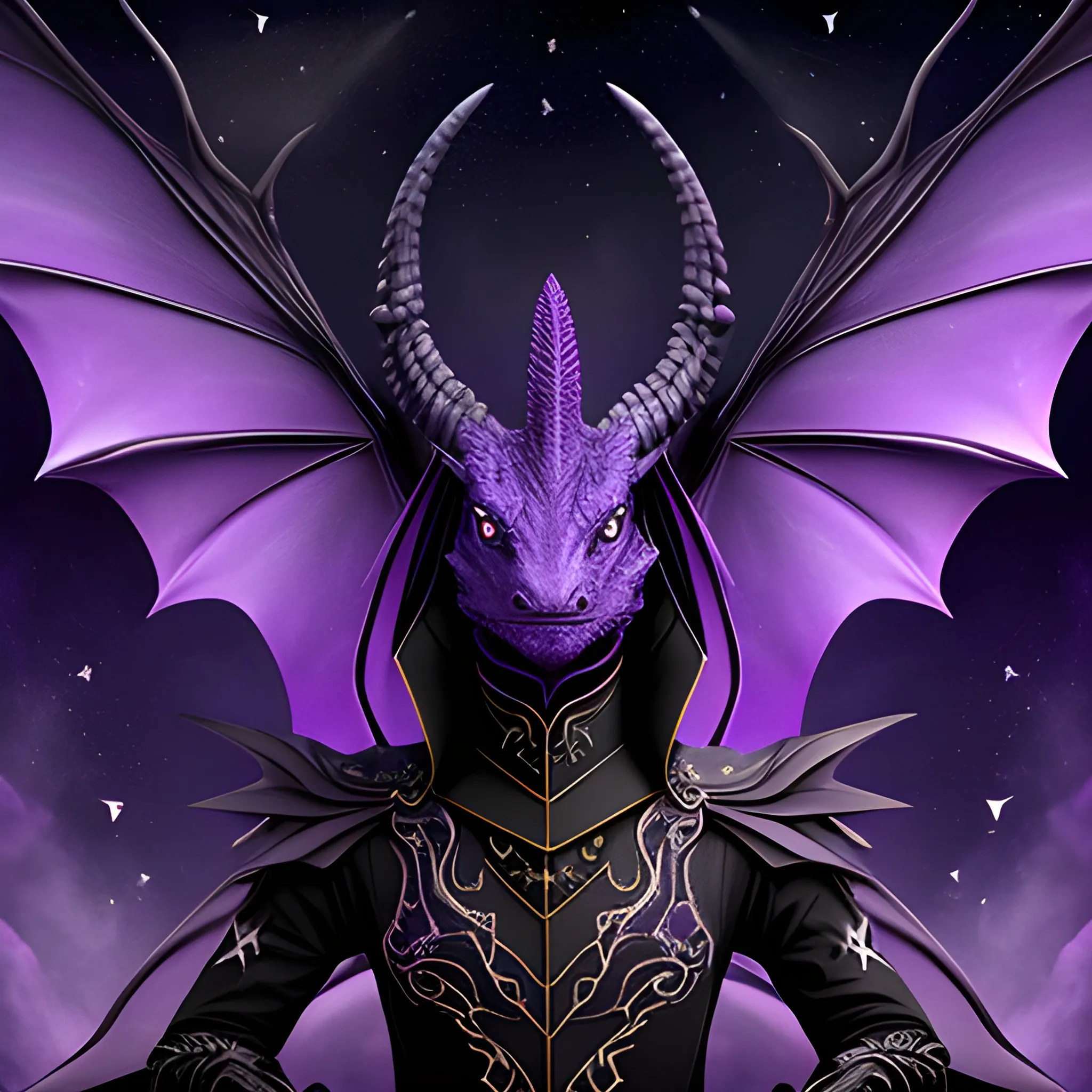 violet space, Black-violet dragon, big wings, dark magic, black wings with stars, anthropomorphic dragon, full height, fullface, hand raise, lizard head, dark energy, black magic mantle