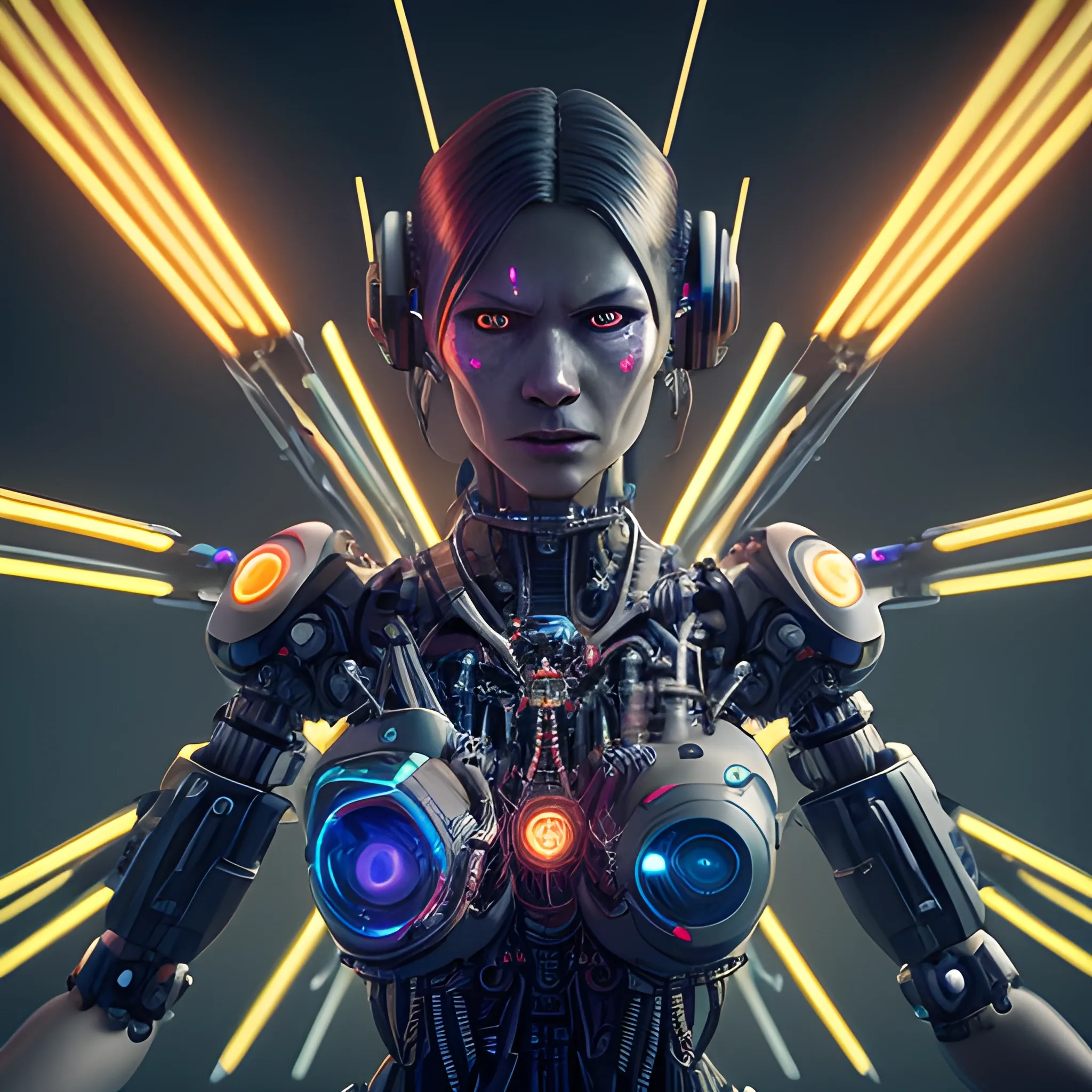 A complex 3D render of a cyborg neo in the night, wings spreaded, dead-center in frame, robotic parts, microchip, ultra detailed wires and cog wheels, lace, electric cables, in a cyberpunk city, furious expression, eyes glowing, breathing smoke, vibrant, esport, epic, celestial, moody, cinematic lighting, 150 mm, lens flare, highly detailed, sharp focus, octane render, HDRI, intense, dramatic, warm colors, fiery effect, professional, IMAX, dark studio, low key, high contrast, flawless detail, award-winning, expertly crafted, detailed pupils, colour grading, post-processed, rim light, hyperrealistic, Trippy