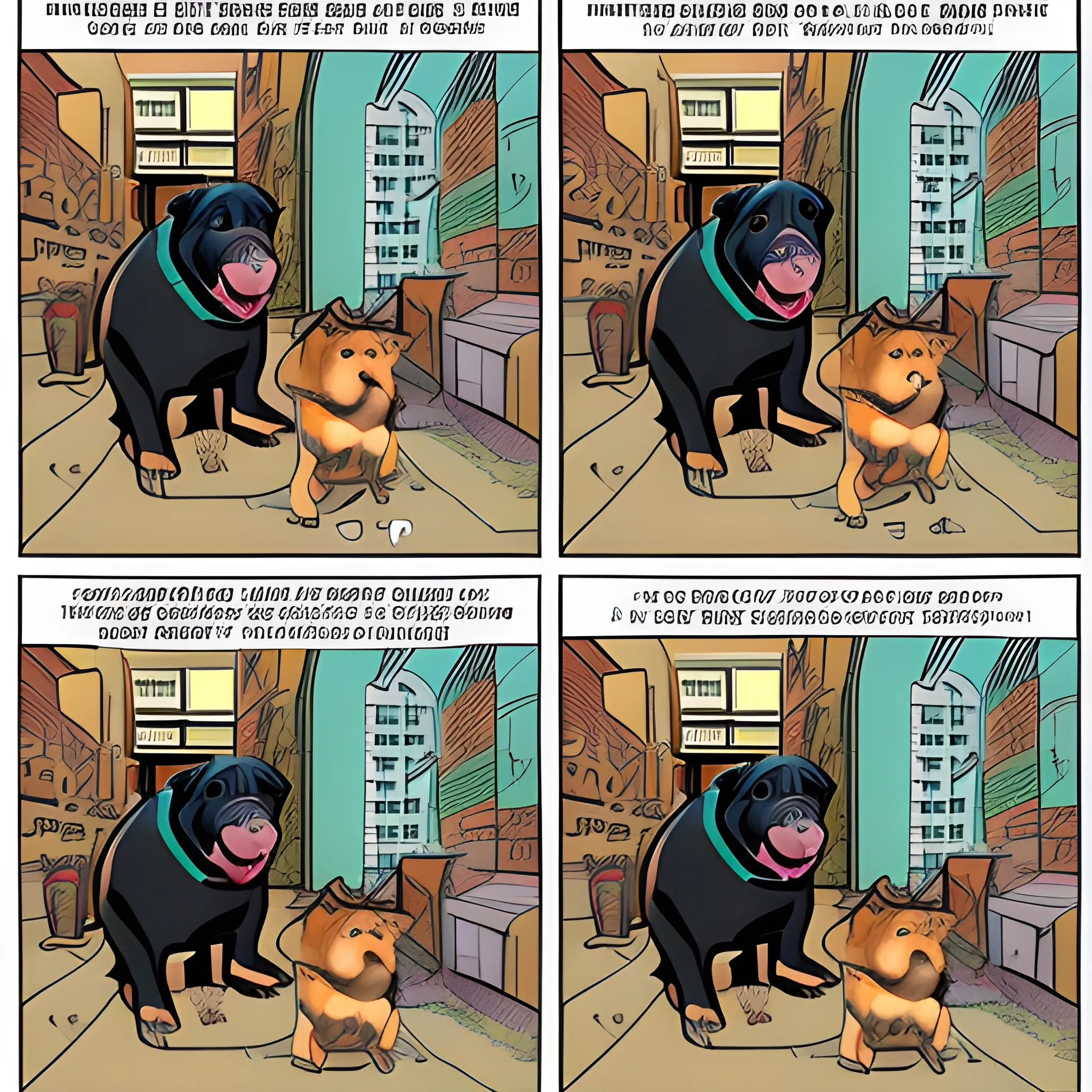 a comic strip type images about a rottweiler and guinea pigs in new york city
