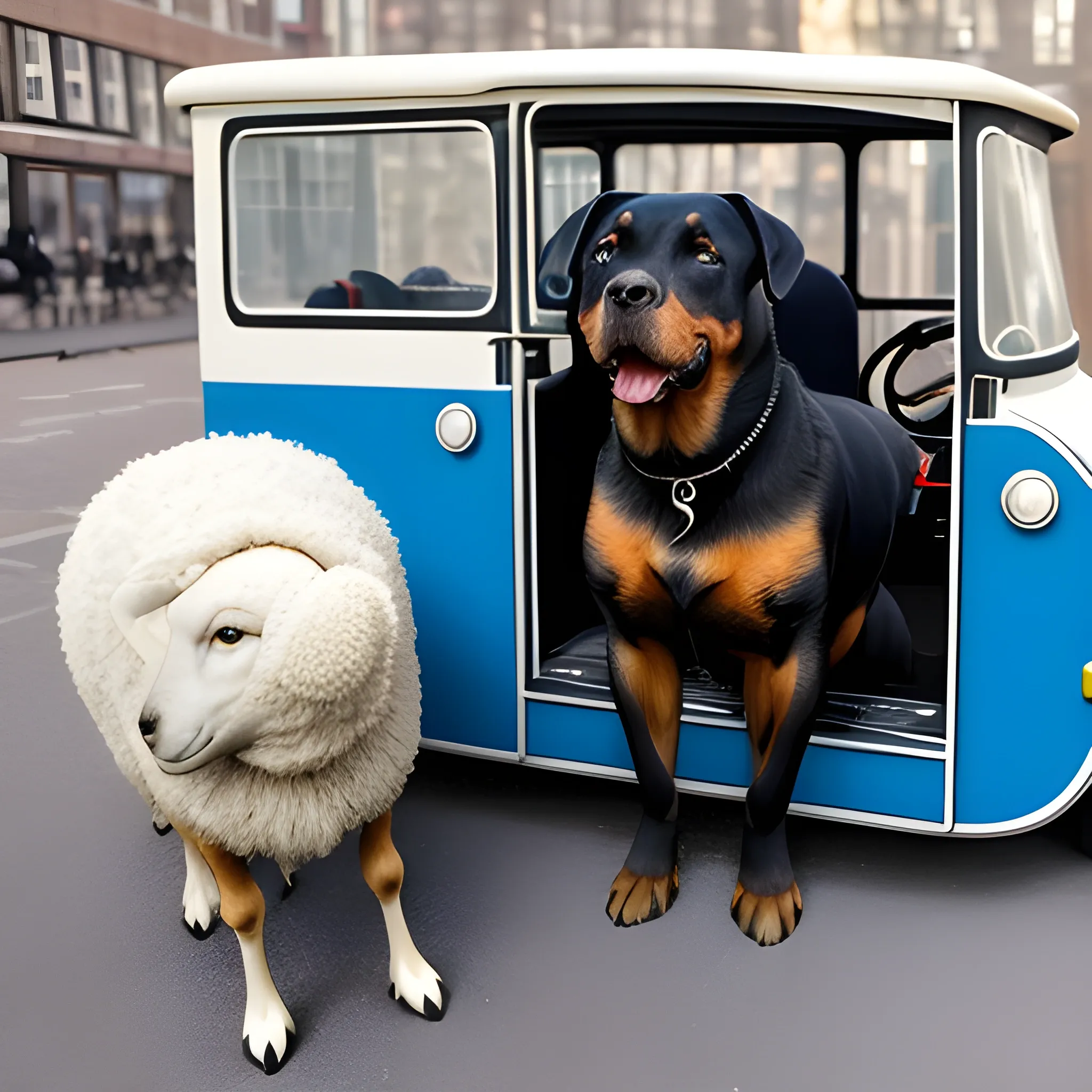 een rottweiler rijdend op een schaap in de stijl van een oldtimer met een zonnebril op Voor een rode stoplicht in futuristisch Philadelphia