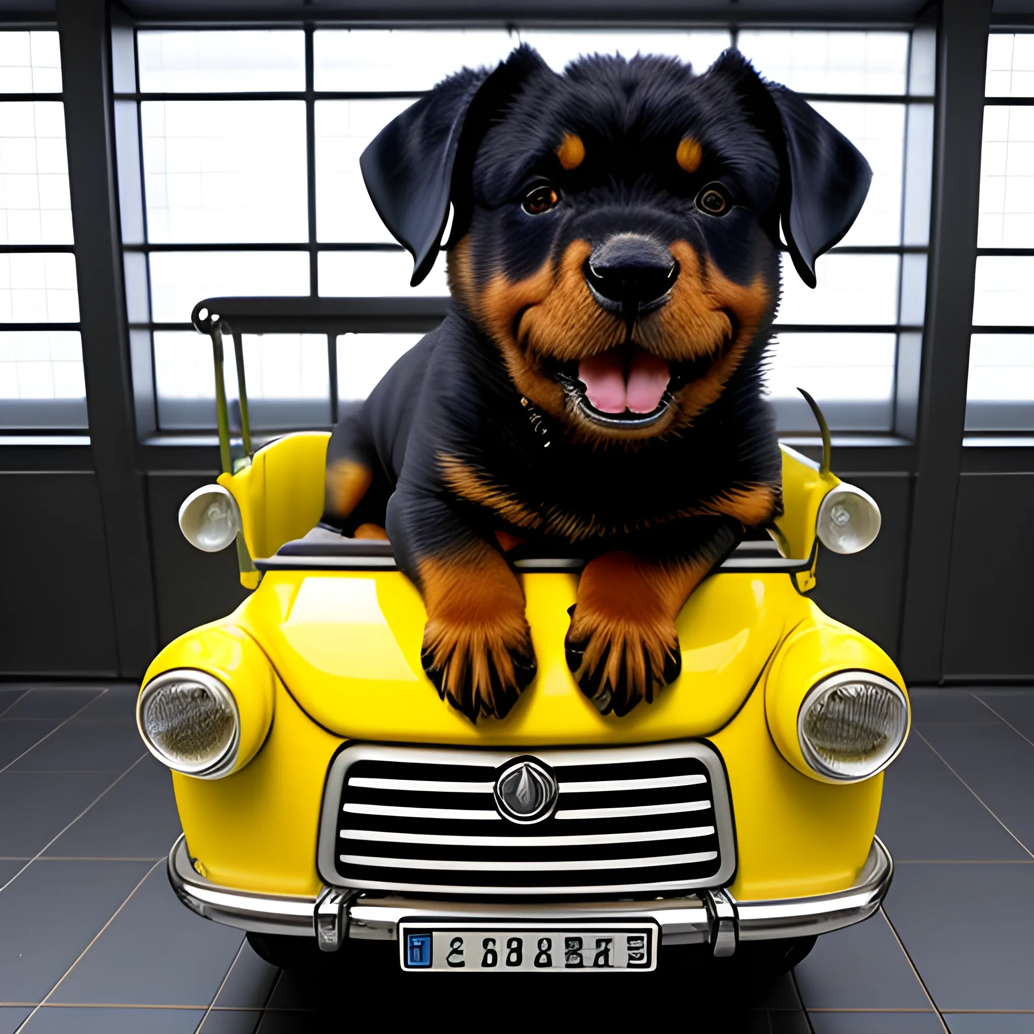 een rottweiler rijdend op een schaap in de stijl van een oldtimer met een zonnebril op Voor een rode stoplicht in futuristisch Philadelphia met cavia op bijrijdersstoel
