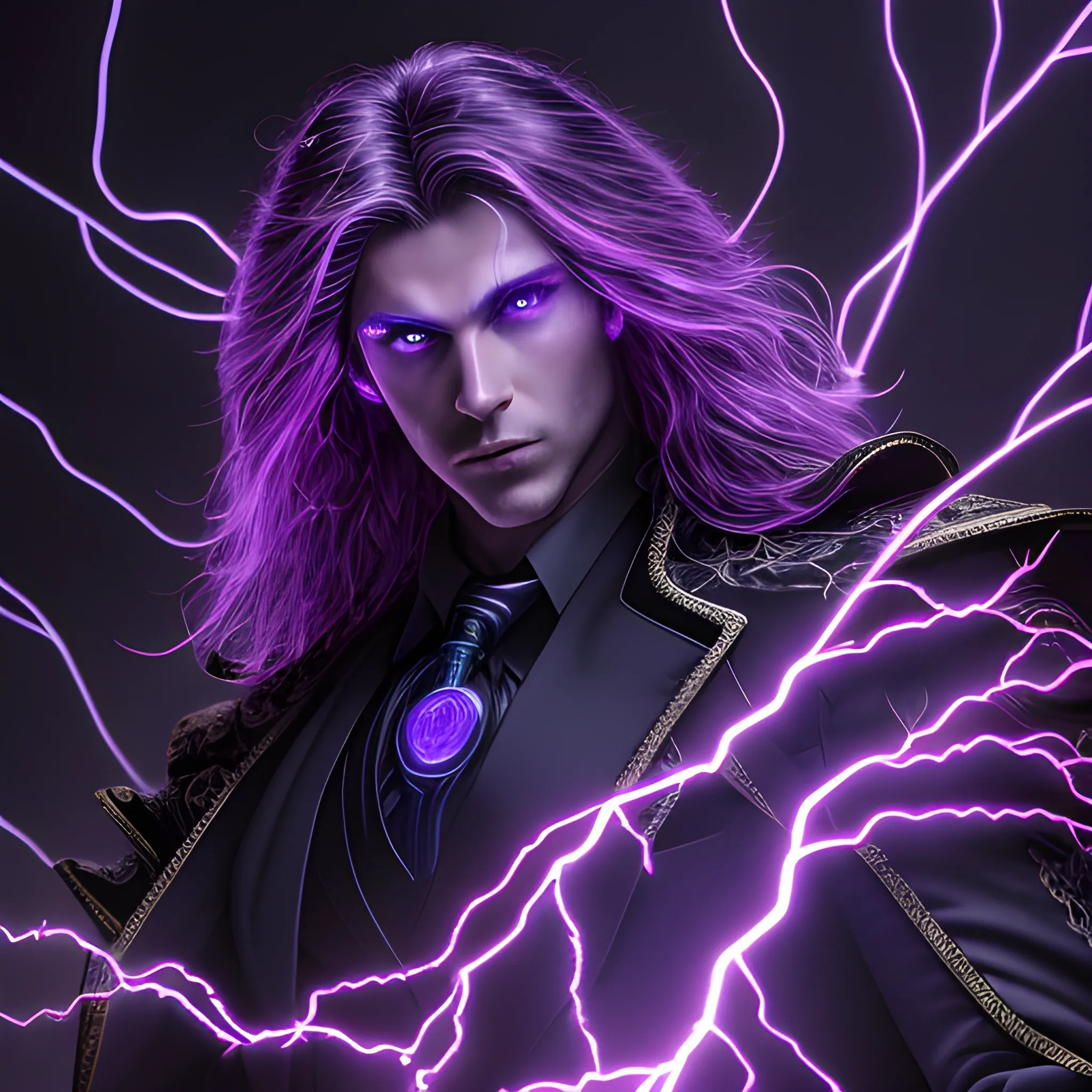 a portrait of a man, glowing eyes, long hair, background lightnings, smog, fantasy, black suit and glowing lights on it, the purple is dominant, elegant, hyperrialistic, ultra detailed, filigree, cable electric wires, feathers, 3/4 view,