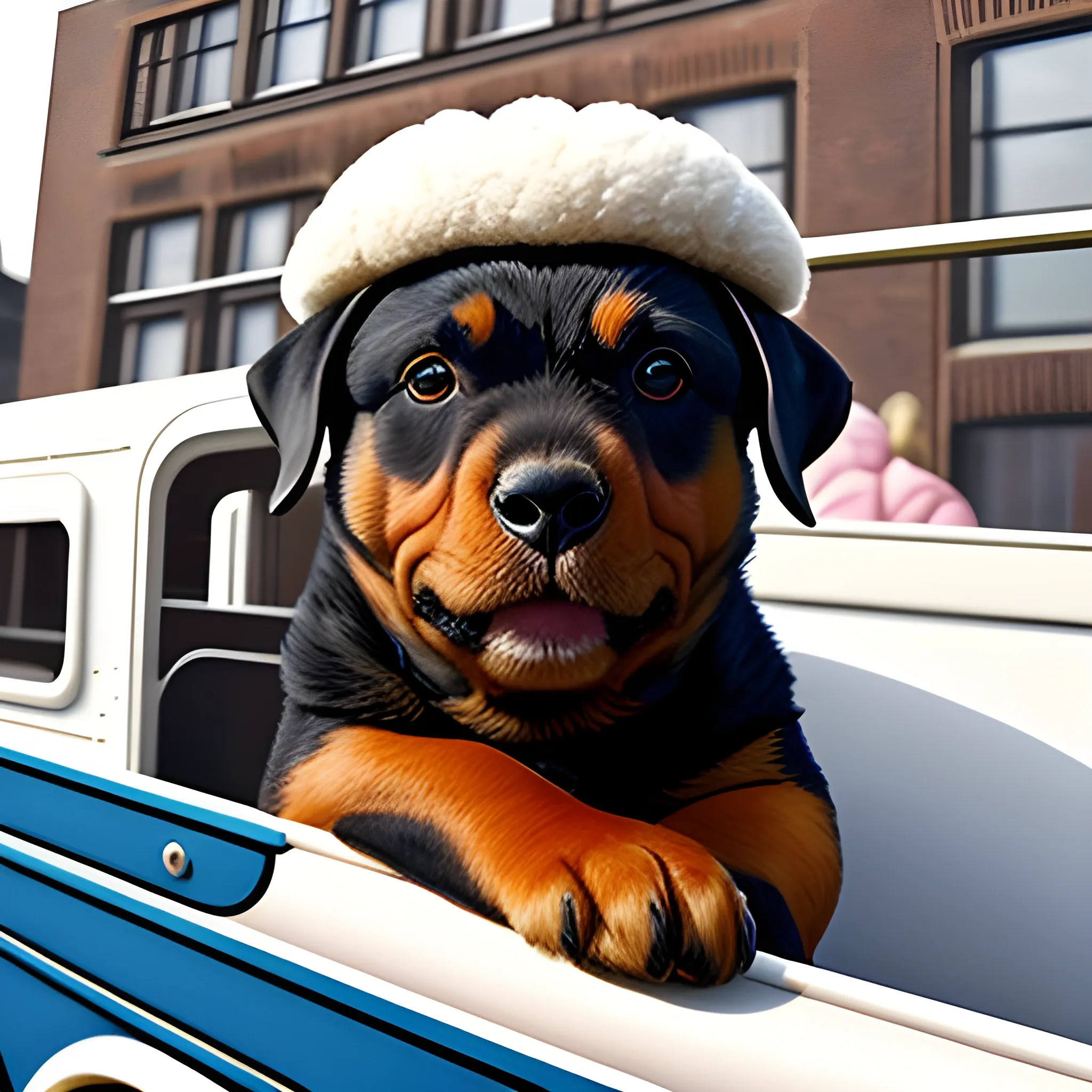 een rottweiler rijdend op een schaap in de stijl van een oldtimer met een zonnebril op Voor een rode stoplicht in futuristisch Philadelphia met cavia op bijrijdersstoel
, Cartoon