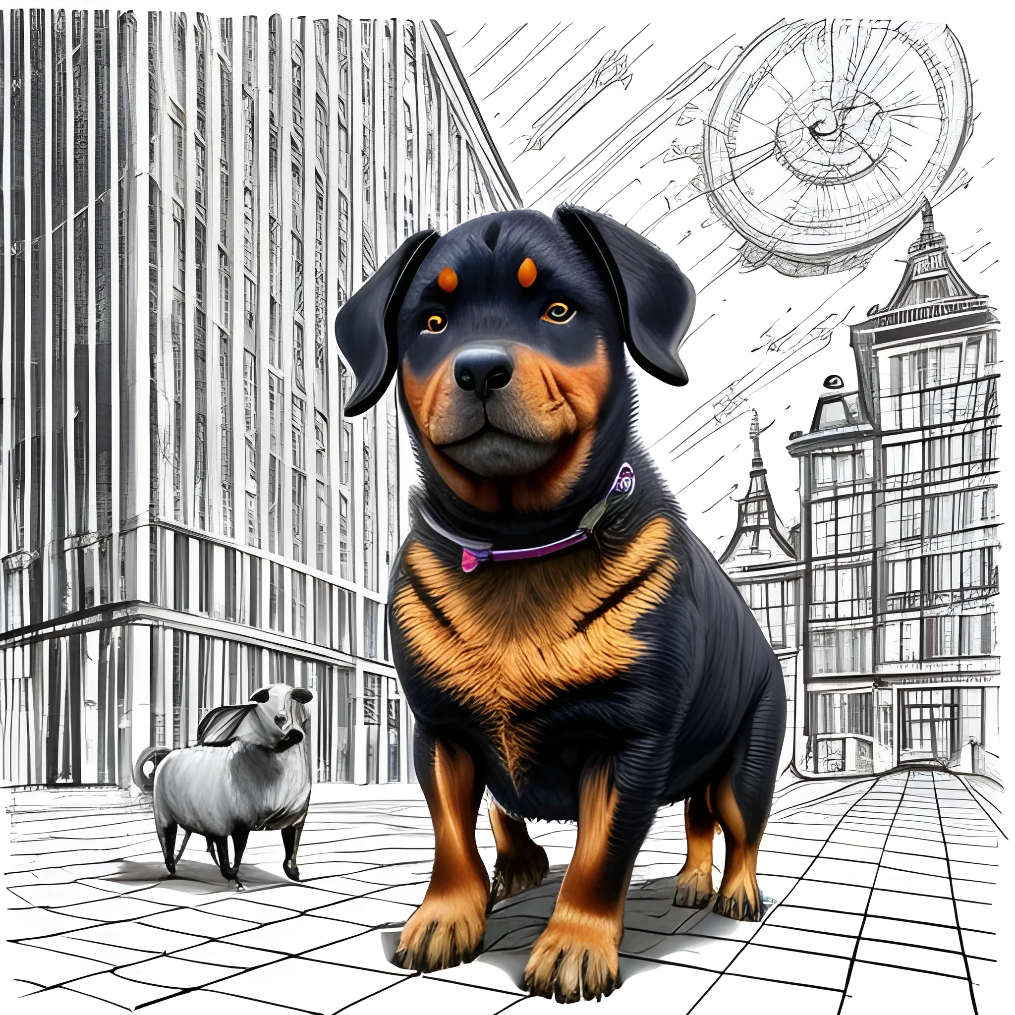 een rottweiler rijdend op een schaap in de stijl van een oldtimer met een zonnebril op Voor een rode stoplicht in futuristisch Philadelphia met cavia op bijrijdersstoel
, 
 Pencil Sketch