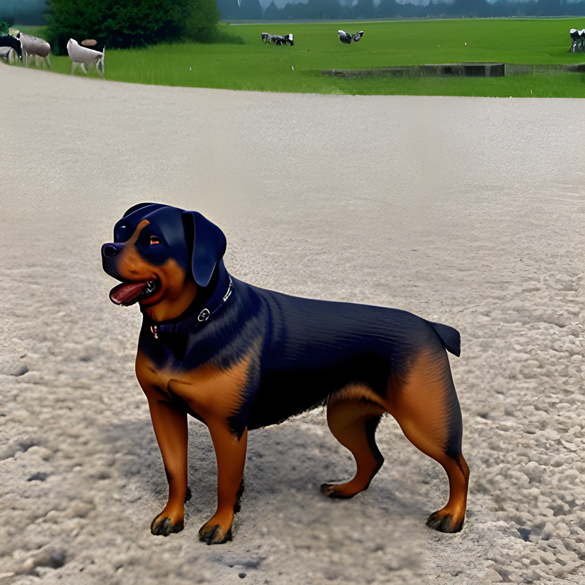 een rottweiler met een zonnebril op zittend op een schaap 
