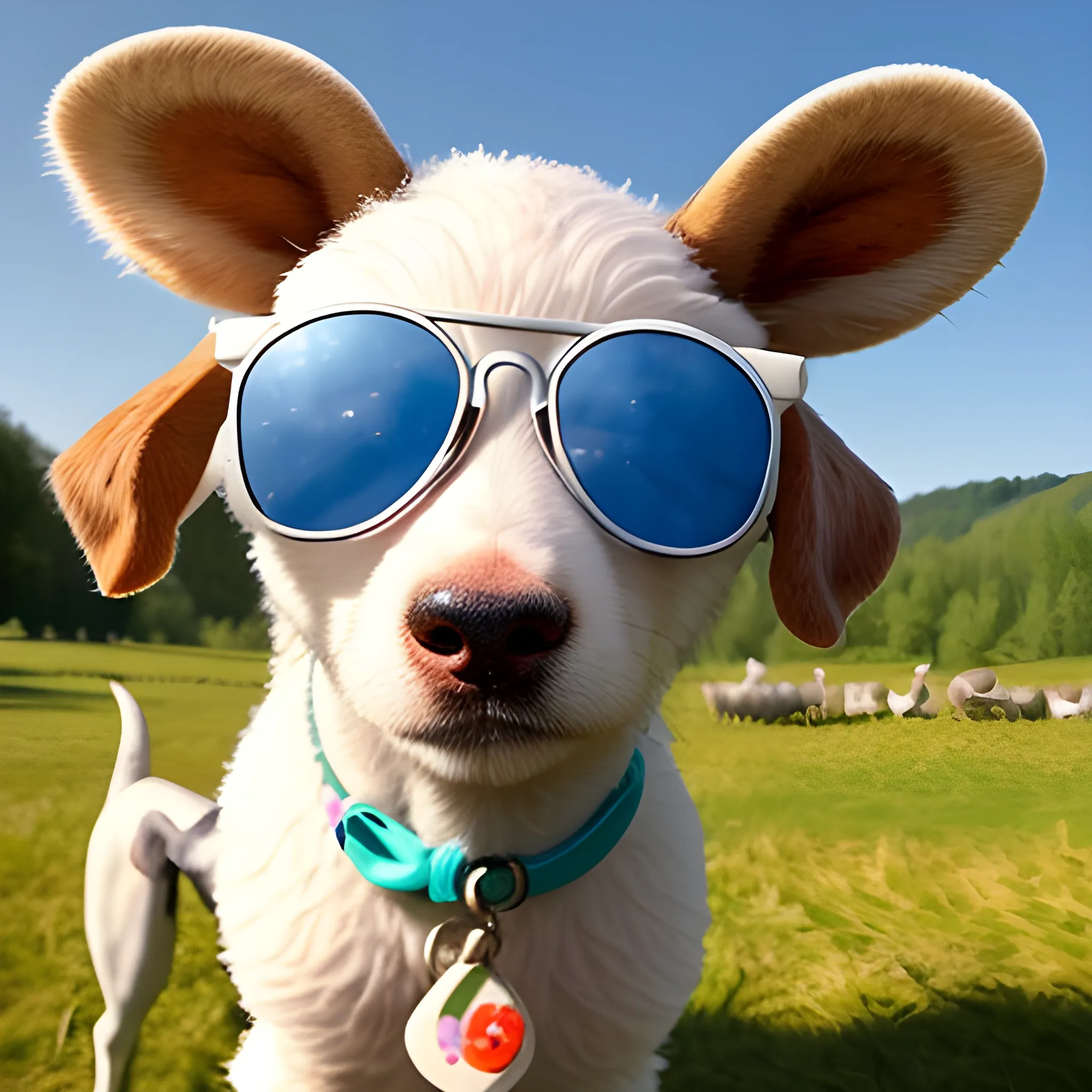 een hond
 met een zonnebril op zittend op een schaap 
