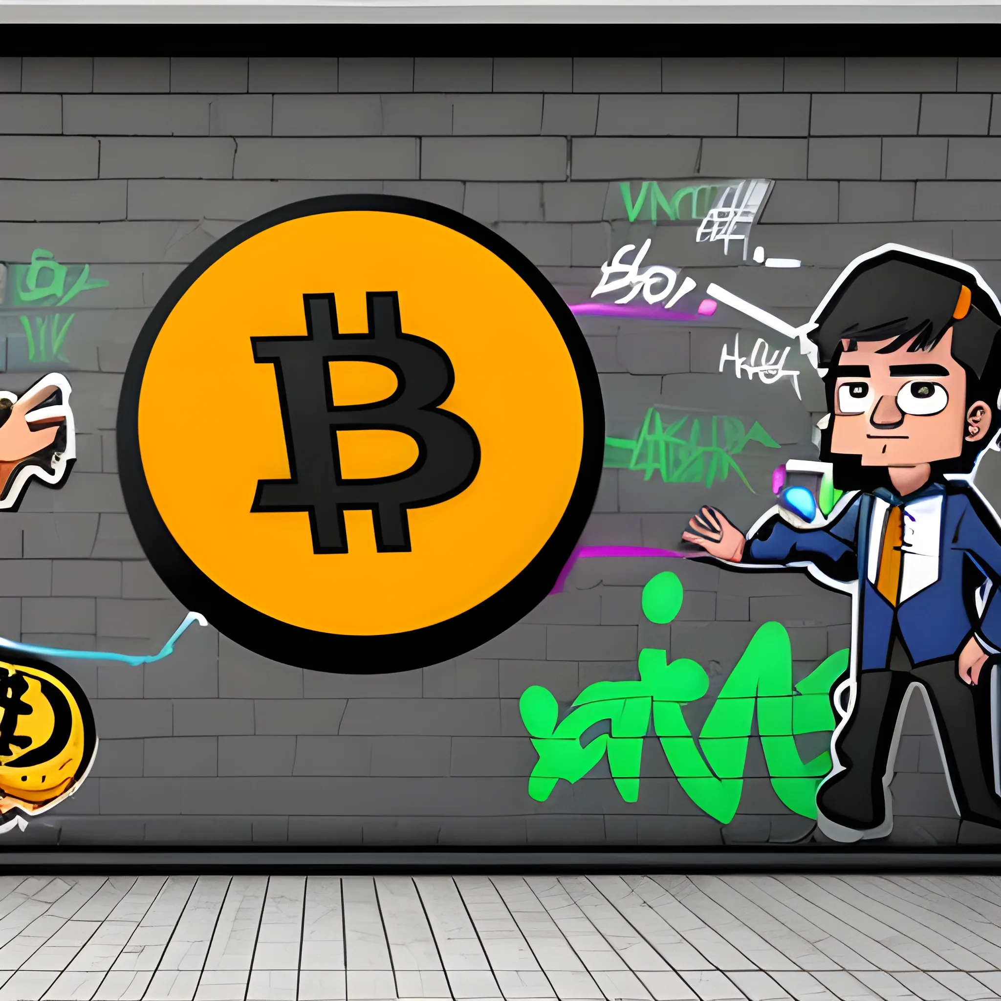 real graffiti of bitcoin and ethereum logos in a wall, Cartoon