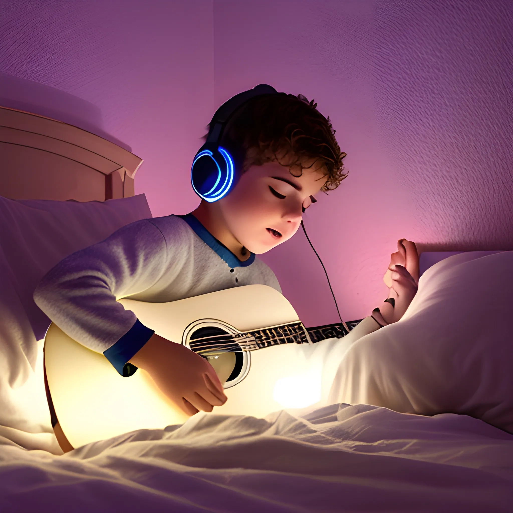 Jóven escuchando música acostado en su cama de noche, estilo animado. Con luces tenues iluminando el cuarto.