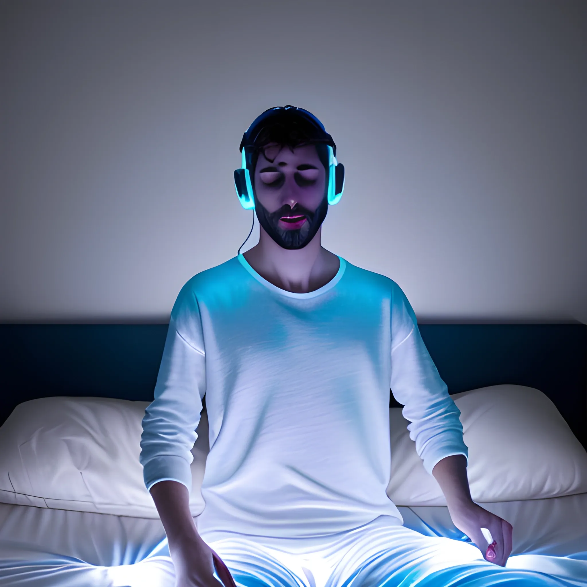 Jóven escuchando música acostado en su cama de noche, estilo animado, Con luces tenues iluminando el cuarto, Mirado el techo, recargando su cabeza en las manos, la camara esta en el techo.