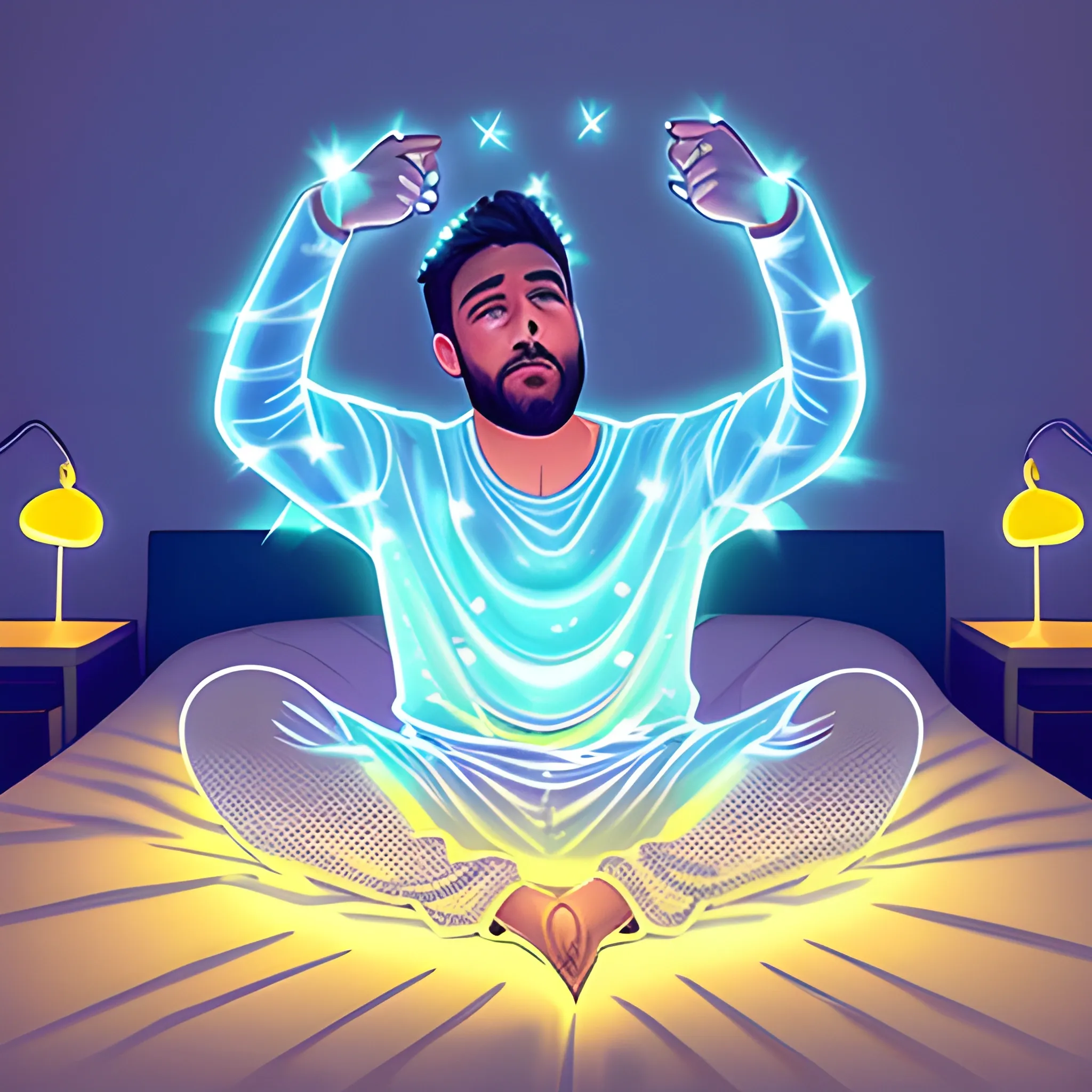 Jóven escuchando música acostado en su cama, Con luces tenues iluminando el cuarto, Mirado el techo, la imagen estara vista desde el techo, Cartoon