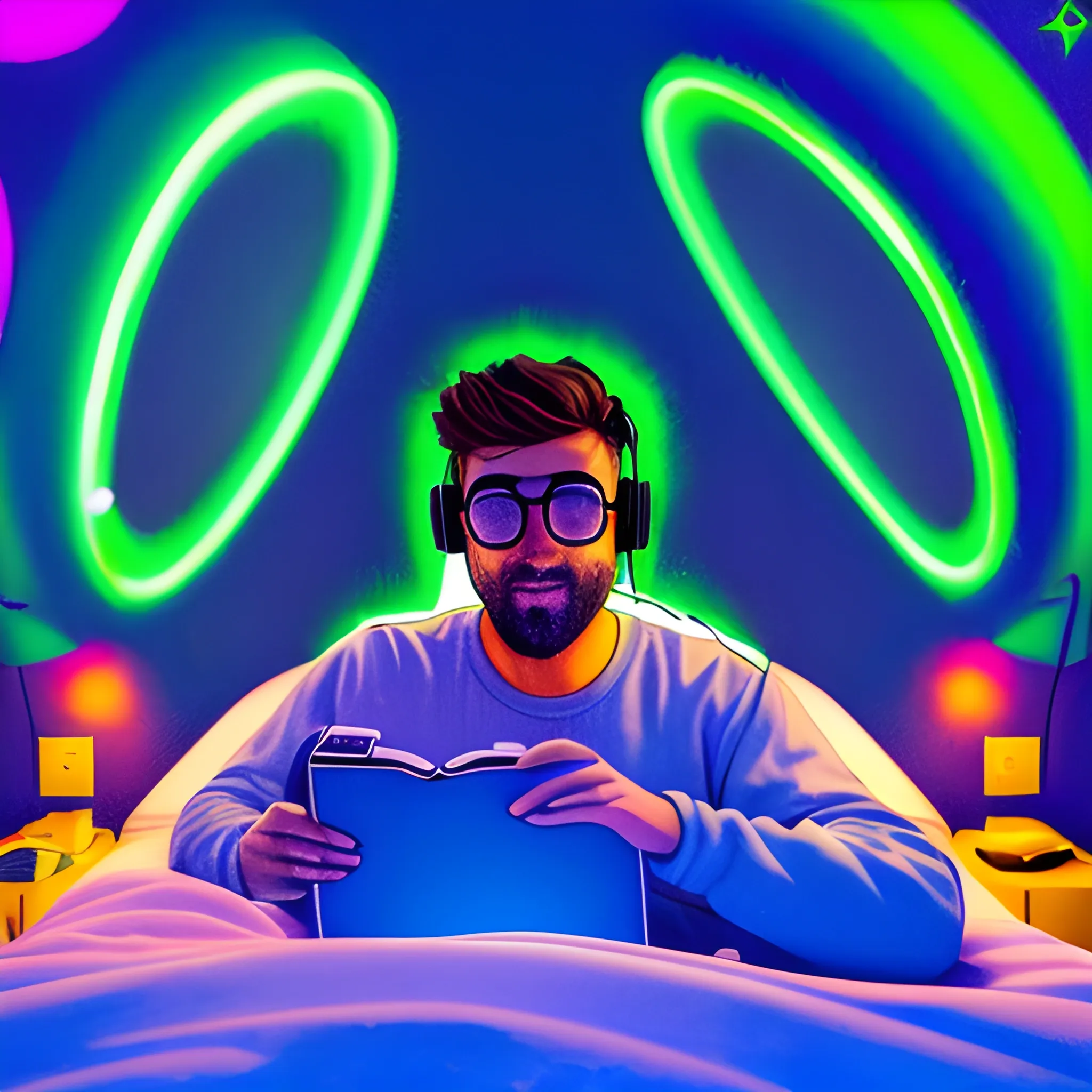 Jóven escuchando música acostado en su cama, Con luces tenues iluminando el cuarto, Mirado la camara, la imagen estara vista desde el techo, Cartoon